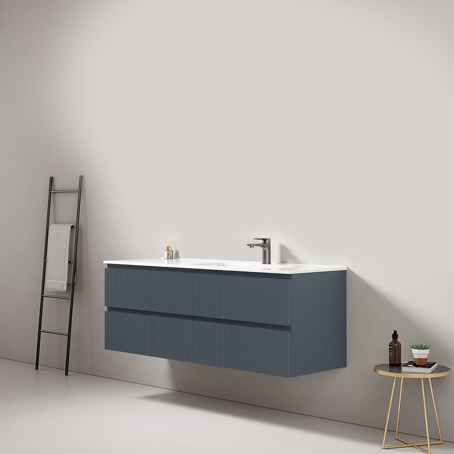 Mobile bagno sospeso cannettato 140 cm Blu Mare Lavabo a Destra in Resina Senza Specchio - Fiji Paint