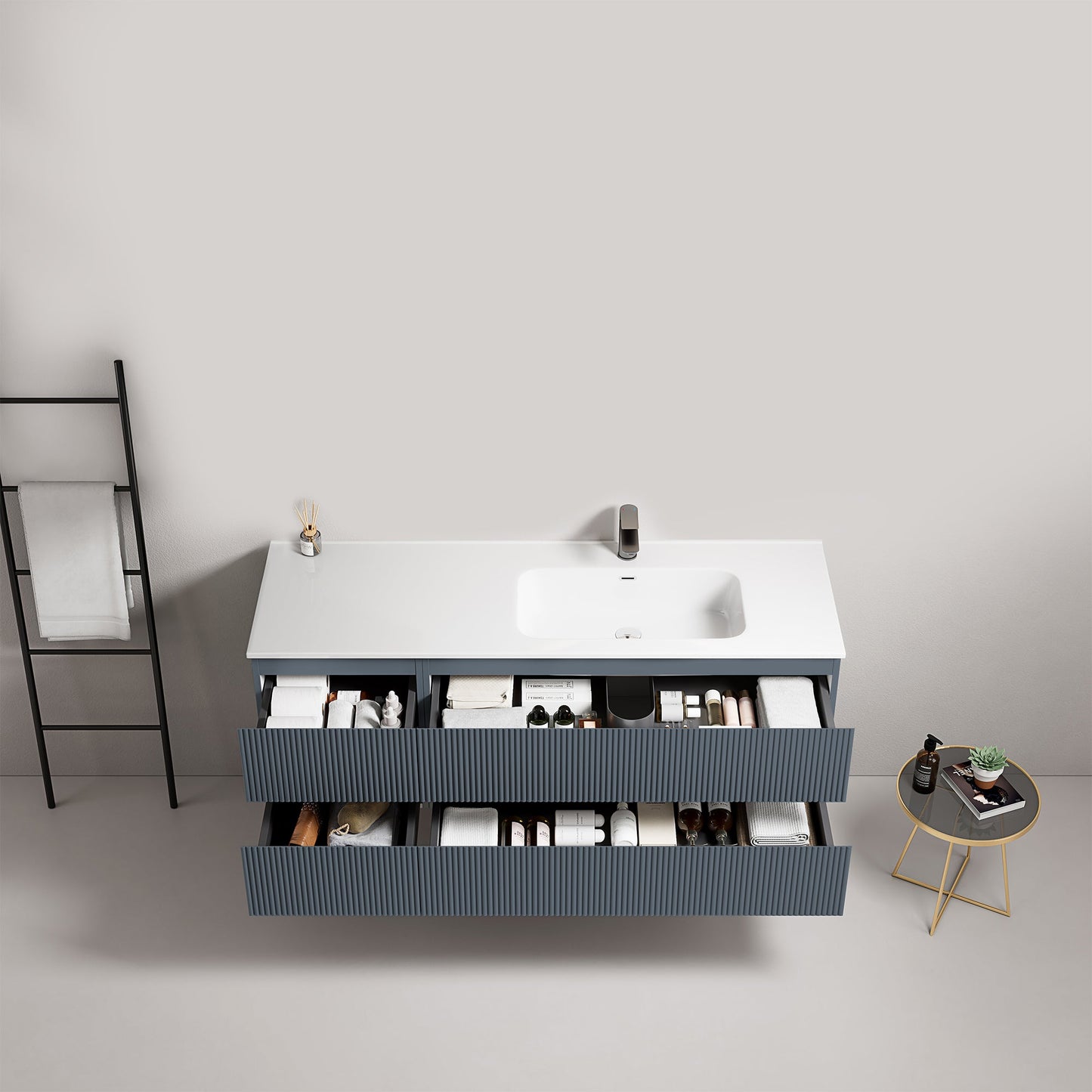 Mobile bagno sospeso cannettato 140 cm Blu Mare Lavabo a Destra in Resina Senza Specchio - Fiji Paint