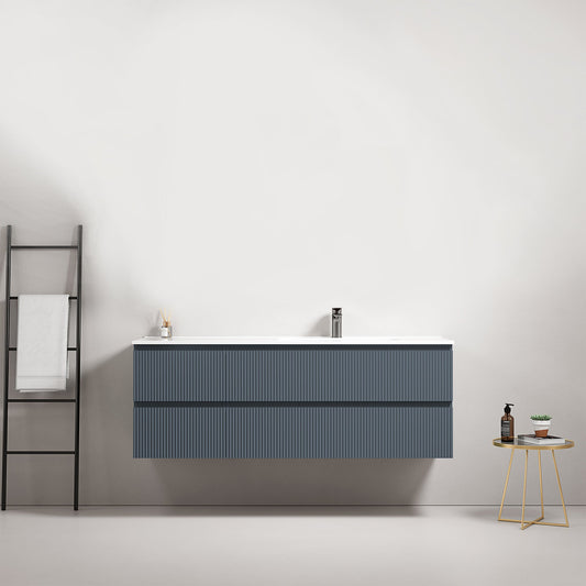 Mobile bagno sospeso cannettato 140 cm Blu Mare Lavabo a Destra in Resina Senza Specchio - Fiji Paint