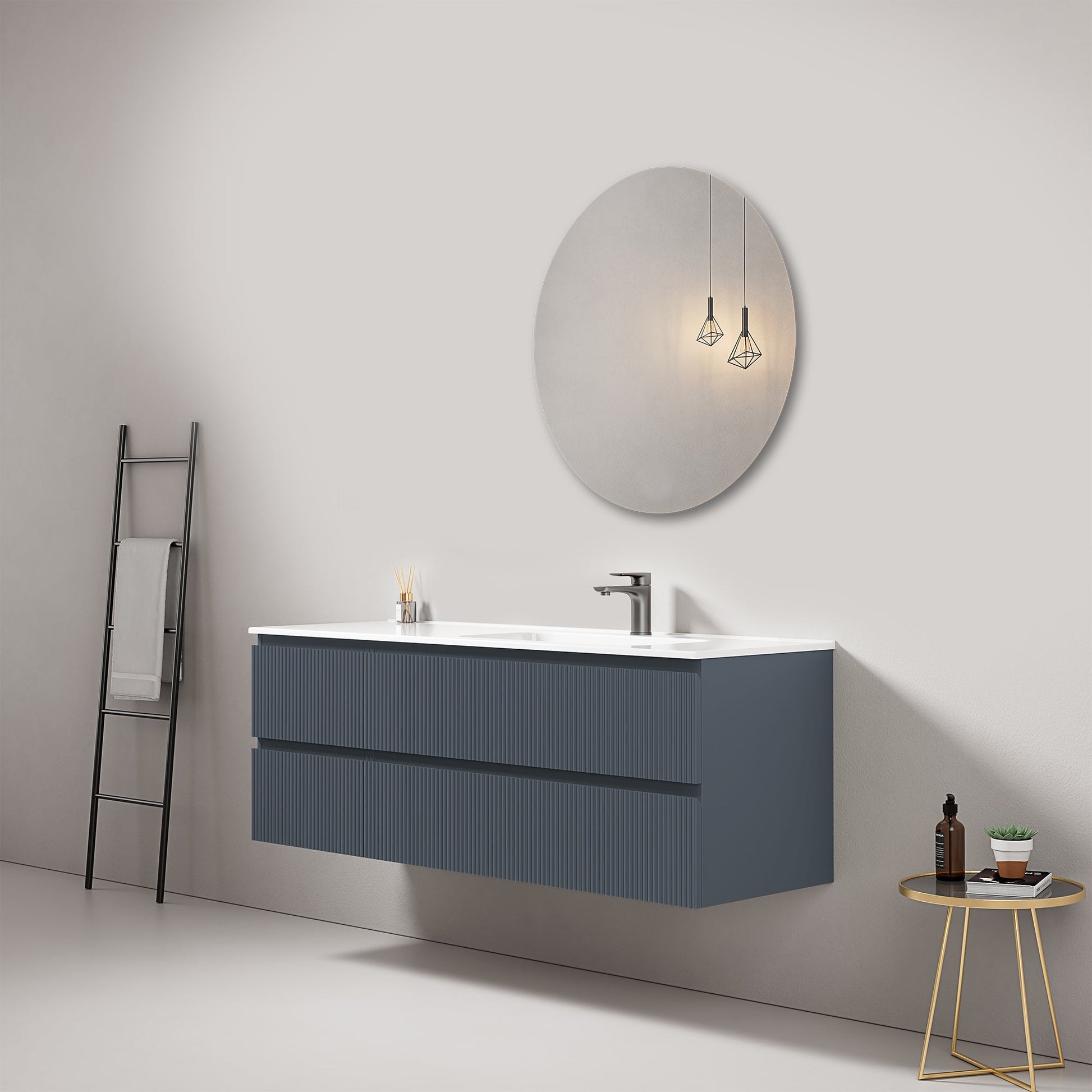 Mobile bagno sospeso cannettato 140 cm Blu Mare Lavabo a Destra in Resina Specchio Tondo - Fiji Paint