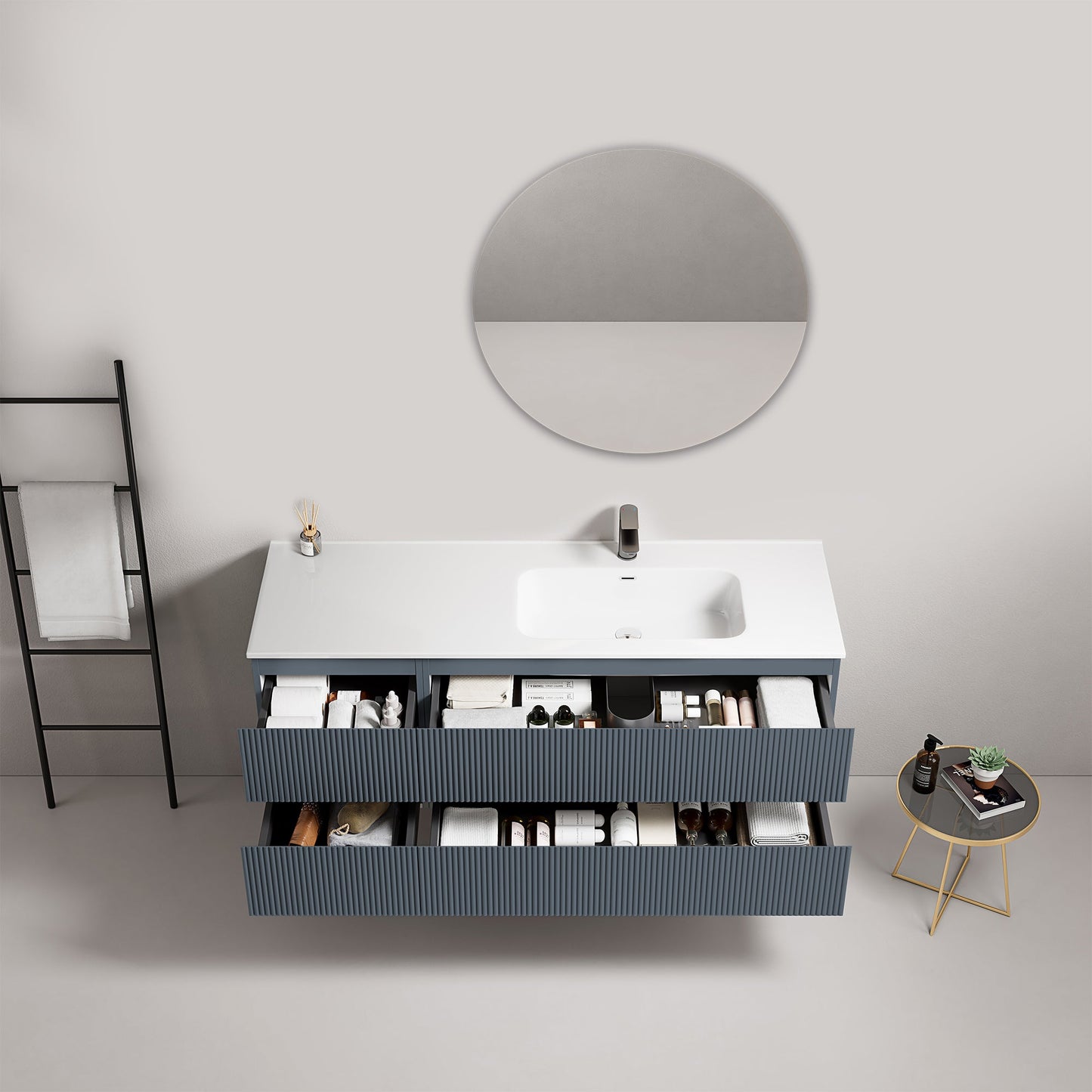 Mobile bagno sospeso cannettato 140 cm Blu Mare Lavabo a Destra in Resina Specchio Tondo - Fiji Paint.