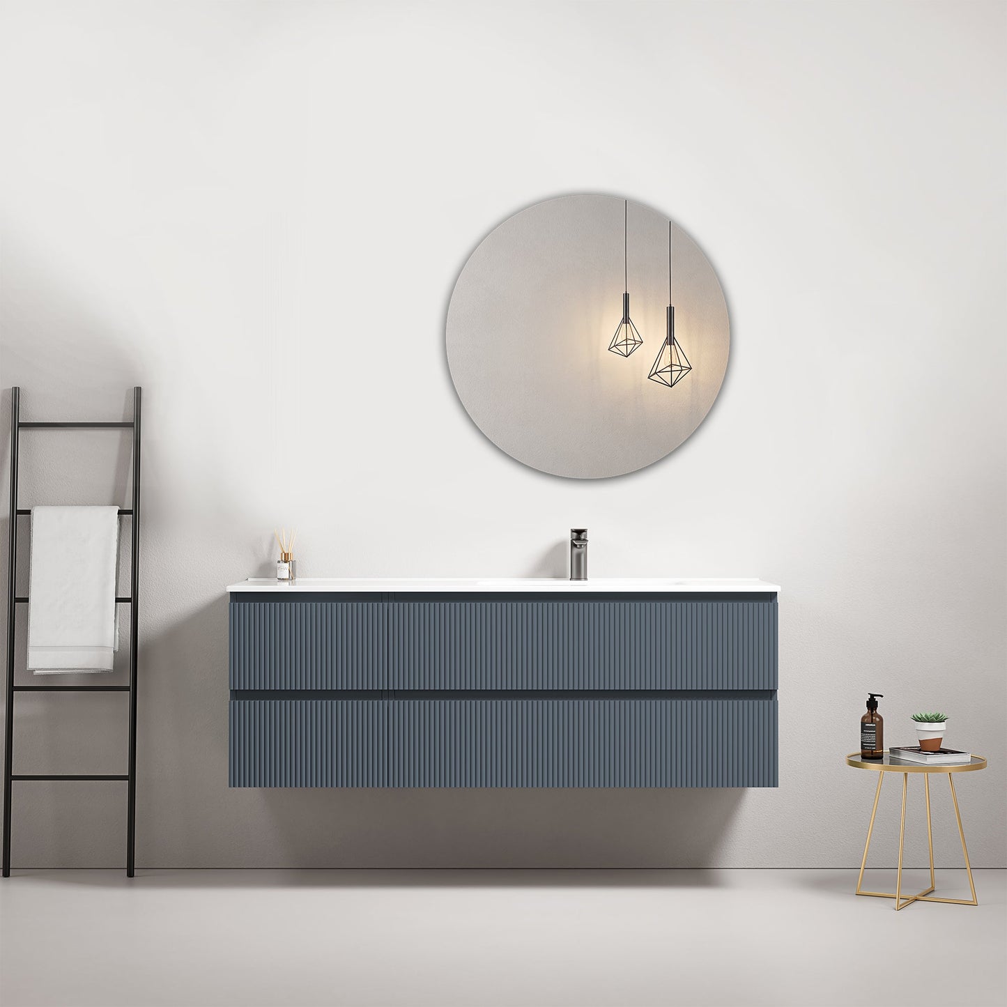 Mobile bagno sospeso cannettato 140 cm Blu Mare Lavabo a Destra in Resina Specchio Tondo - Fiji Paint
