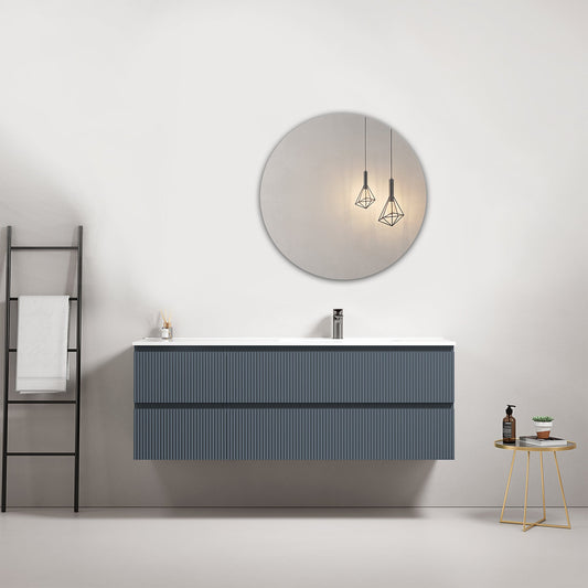 Mobile bagno sospeso cannettato 140 cm Blu Mare Lavabo a Destra in Resina Specchio Tondo - Fiji Paint