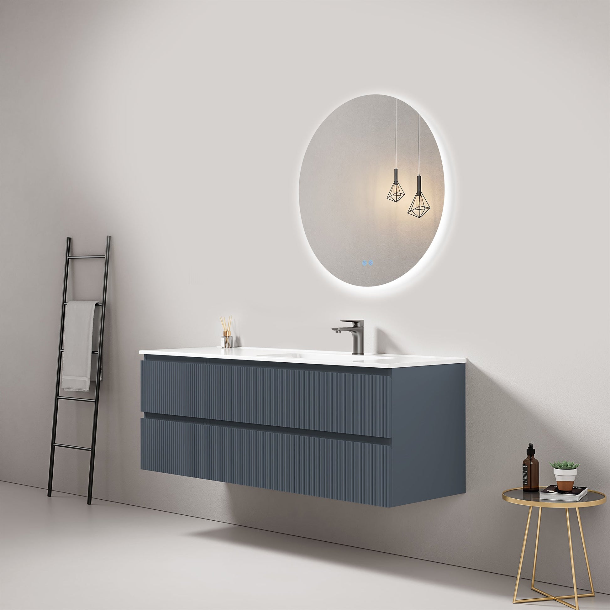 Mobile bagno sospeso cannettato 140 cm Blu Mare Lavabo a Destra in Resina Specchio Tondo Retroilluminato - Fiji Paint