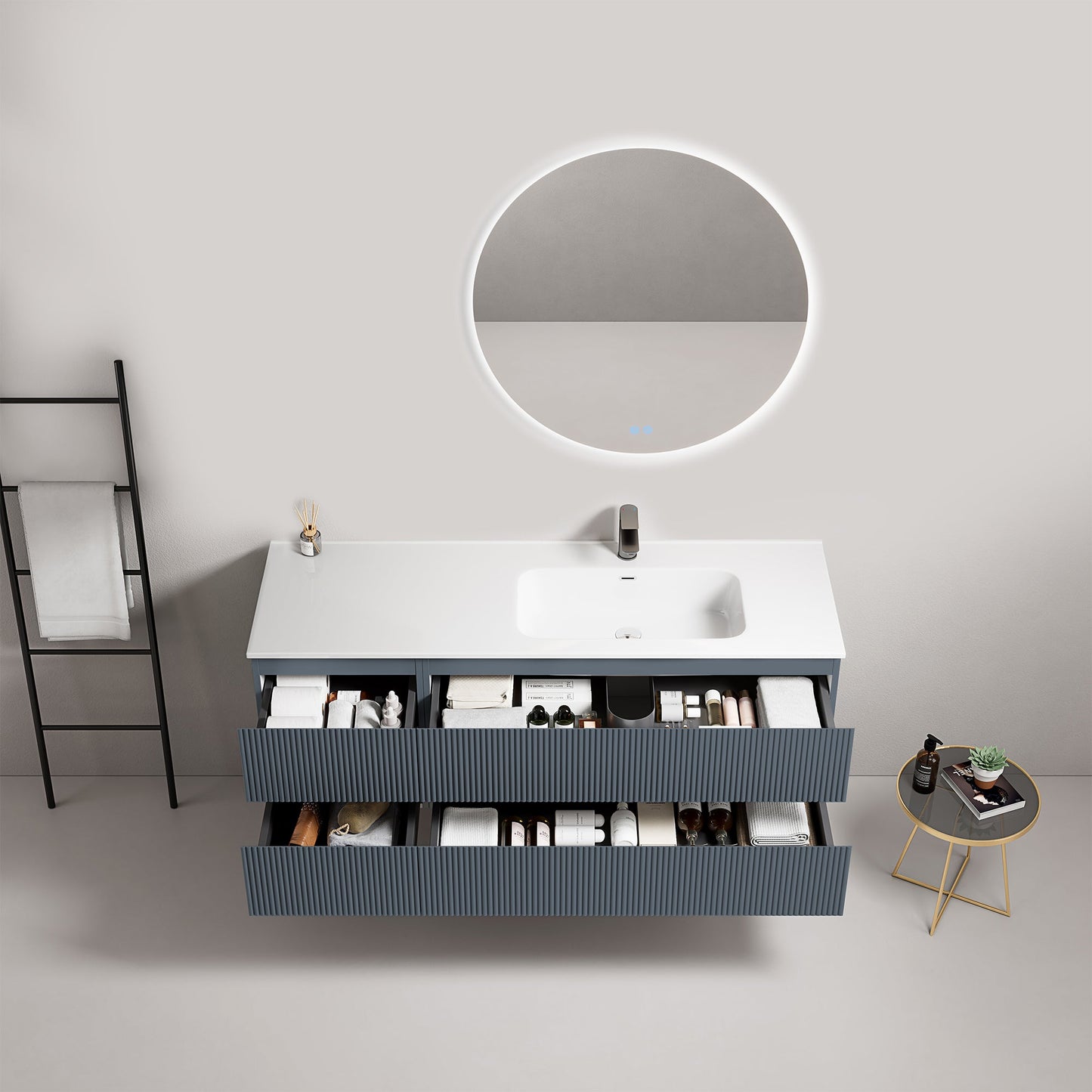 Mobile bagno sospeso cannettato 140 cm Blu Mare Lavabo a Destra in Resina Specchio Tondo Retroilluminato - Fiji Paint