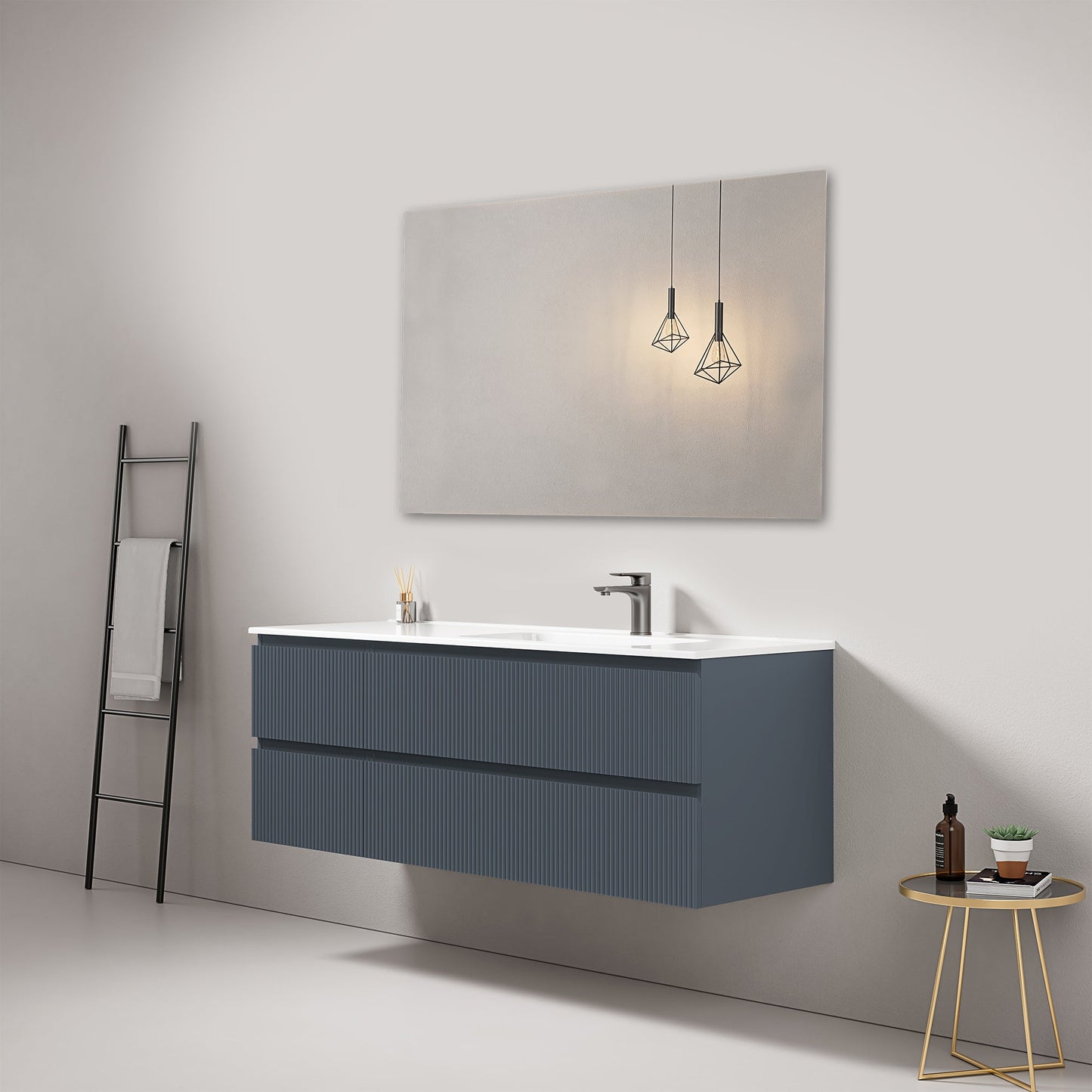 Mobile bagno sospeso cannettato 140 cm Blu Mare Lavabo a Destra in Resina Specchio Quadro - Fiji Paint