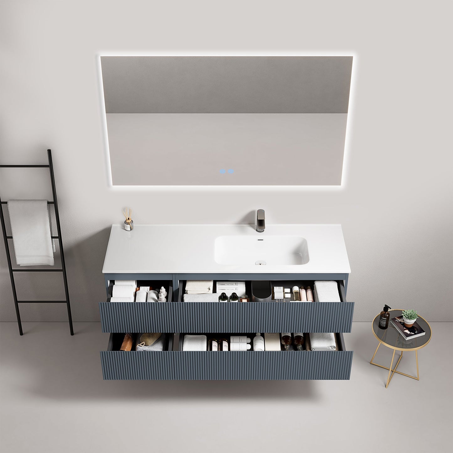 Mobile bagno sospeso cannettato 140 cm Blu Mare Lavabo a Destra in Resina Specchio Quadro Retroilluminato - Fiji Paint