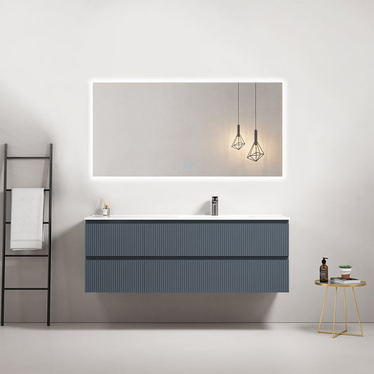 Mobile bagno sospeso cannettato 140 cm Blu Mare Lavabo a Destra in Resina Specchio Quadro Retroilluminato - Fiji Paint