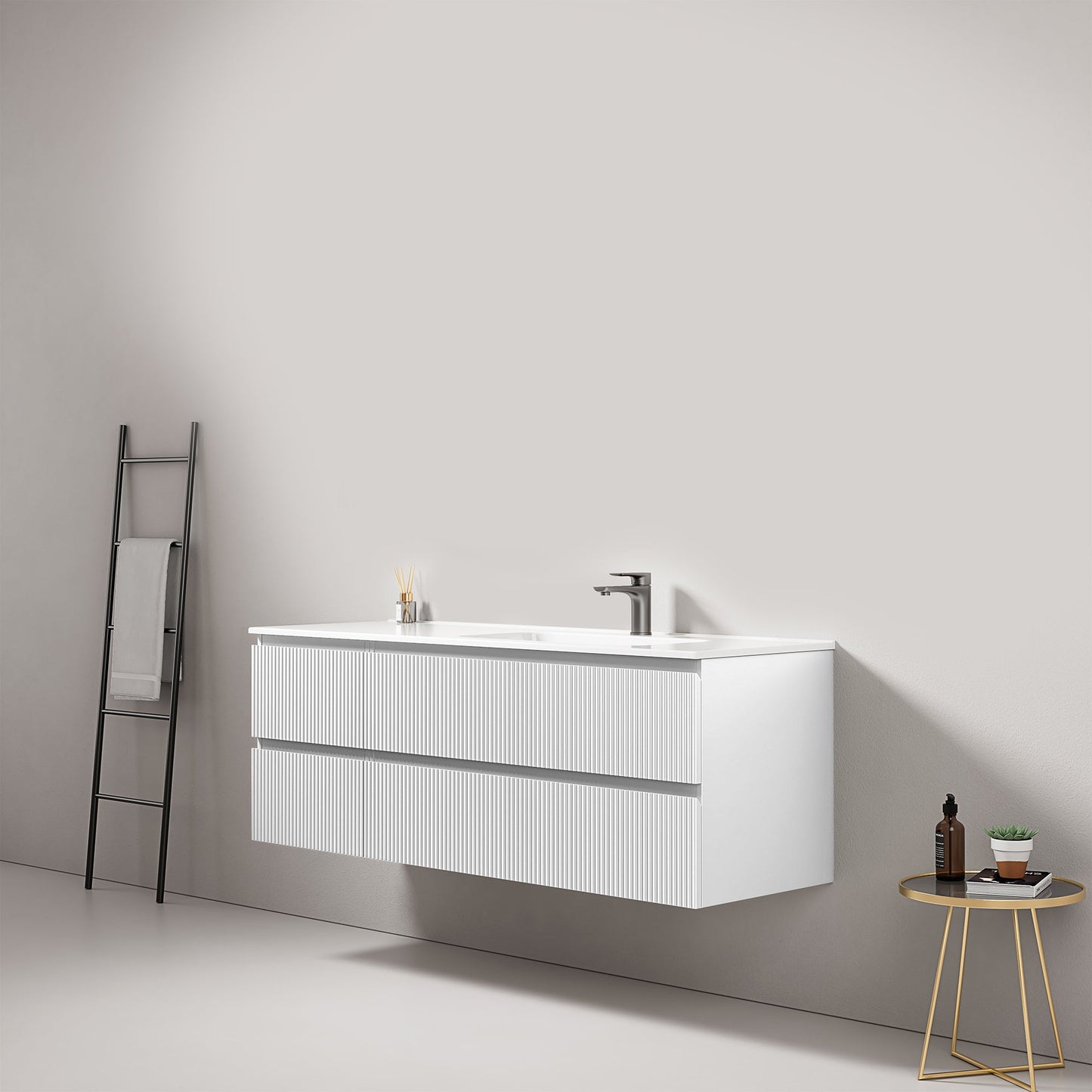 Mobile bagno sospeso cannettato 140 cm Bianco Lavabo a Destra in Resina Senza Specchio - Fiji Paint