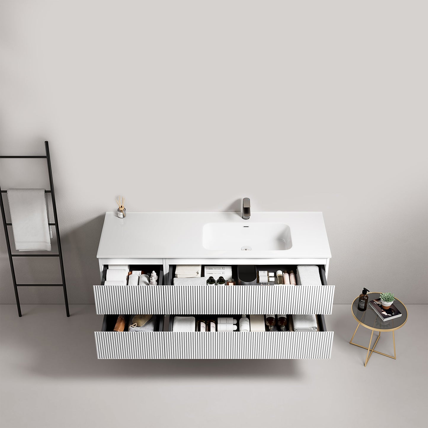 Mobile bagno sospeso cannettato 140 cm Bianco Lavabo a Destra in Resina Senza Specchio - Fiji Paint