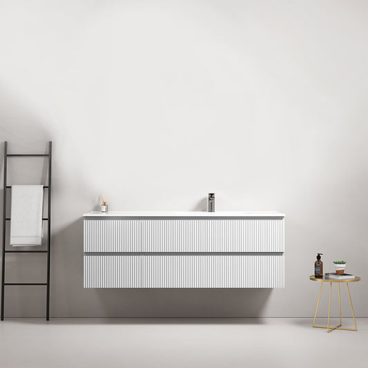 Mobile bagno sospeso cannettato 140 cm Bianco Lavabo a Destra in Resina Senza Specchio - Fiji Paint