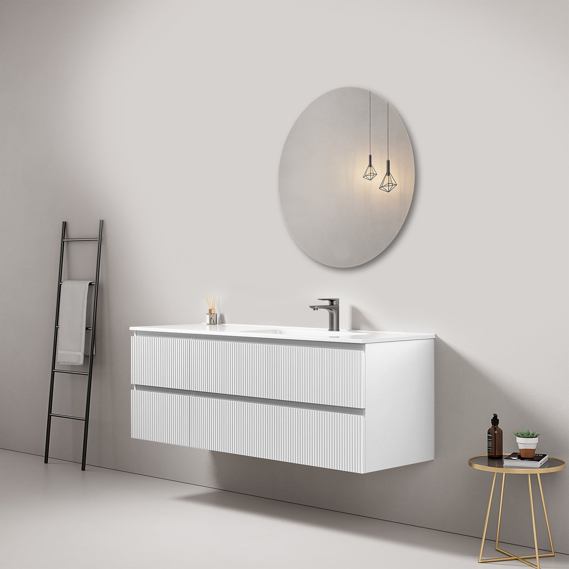 Mobile bagno sospeso cannettato 140 cm Bianco Lavabo a Destra in Resina Specchio Tondo - Fiji Paint in un bagno moderno