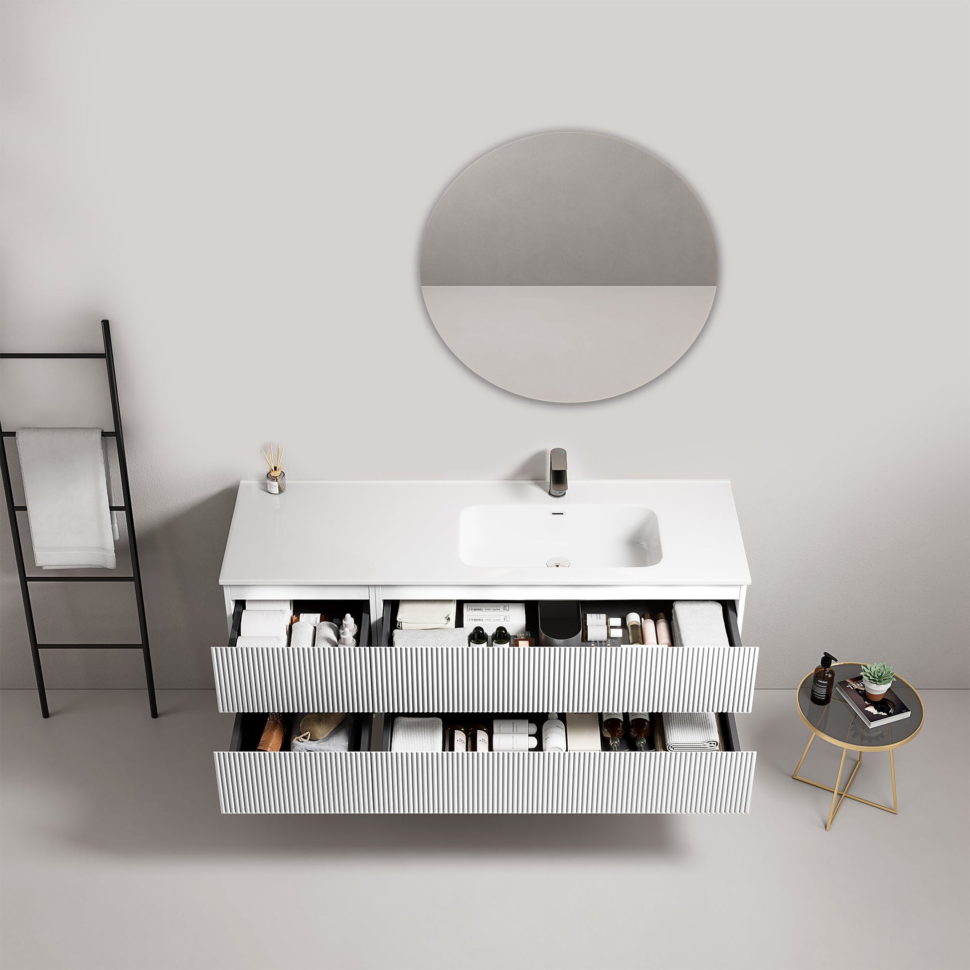 Mobile bagno sospeso cannettato 140 cm Bianco Lavabo a Destra in Resina Specchio Tondo - Fiji Paint con cassetti aperti.
