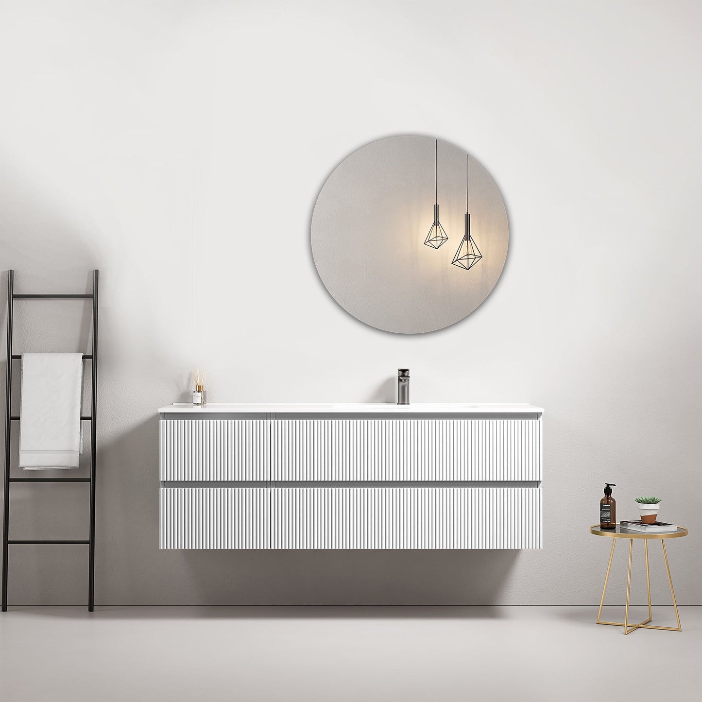 Mobile bagno sospeso cannettato 140 cm Bianco Lavabo a Destra in Resina Specchio Tondo - Fiji Paint in un ambiente moderno.