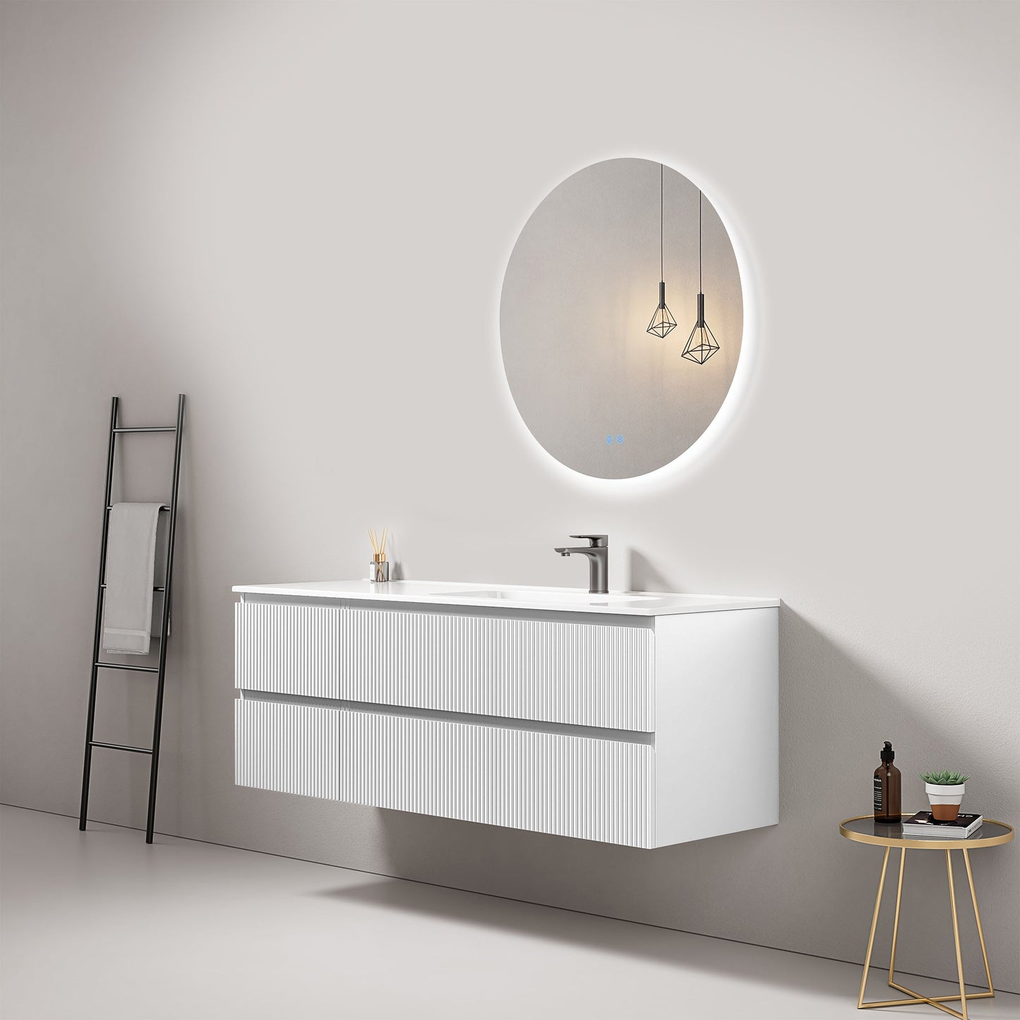 Mobile bagno sospeso cannettato 140 cm Bianco Lavabo a Destra in Resina Specchio Tondo Retroilluminato - Fiji Paint