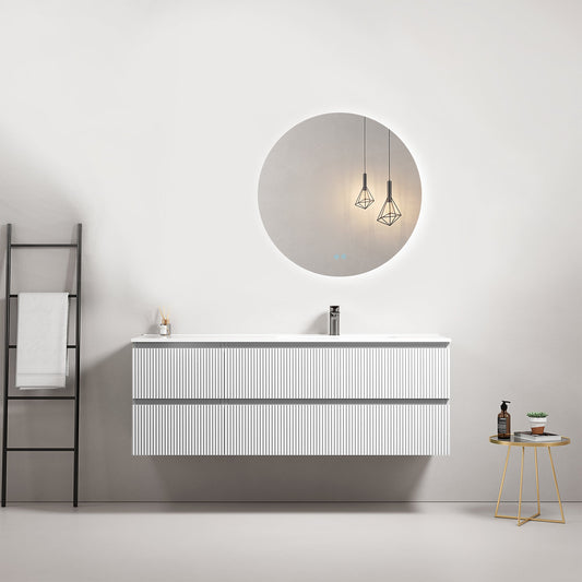 Mobile bagno sospeso cannettato 140 cm Bianco Lavabo a Destra in Resina Specchio Tondo Retroilluminato - Fiji Paint