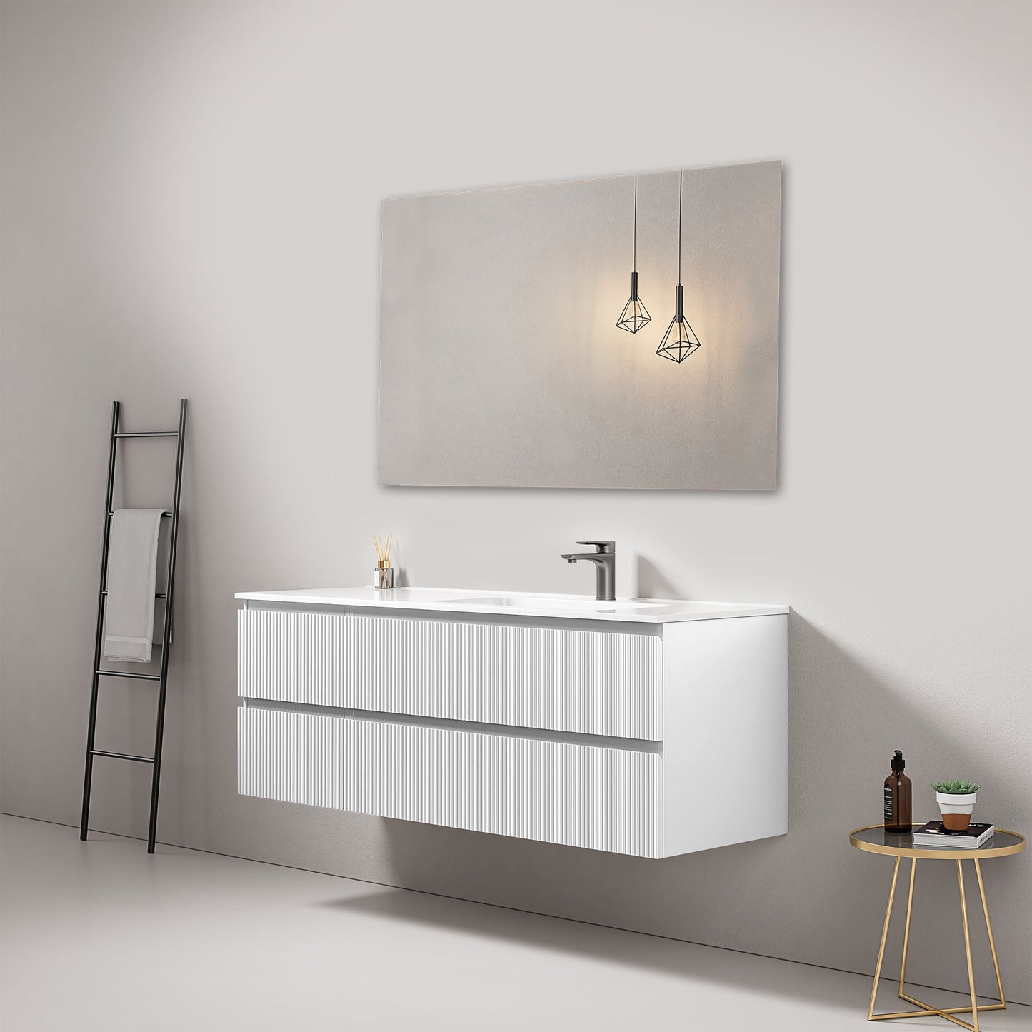 Mobile bagno sospeso cannettato 140 cm Bianco Lavabo a Destra in Resina Specchio Quadro - Fiji Paint