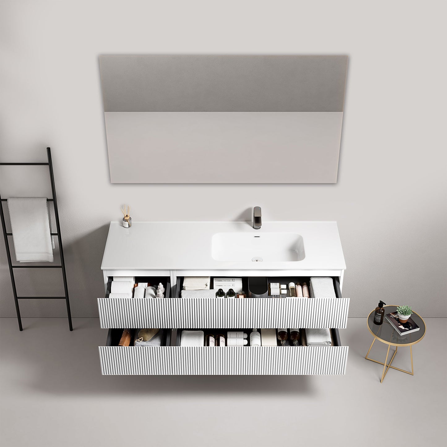 Mobile bagno sospeso cannettato 140 cm Bianco Lavabo a Destra in Resina Specchio Quadro - Fiji Paint