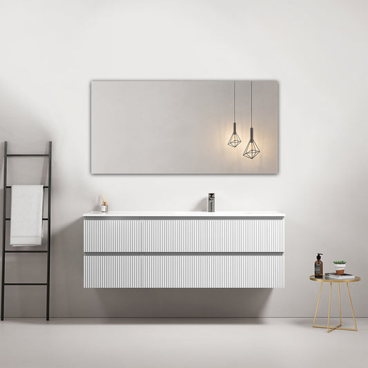 Mobile bagno sospeso cannettato 140 cm Bianco Lavabo a Destra in Resina Specchio Quadro - Fiji Paint