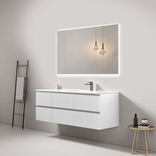 Mobile bagno sospeso cannettato 140 cm Bianco Lavabo a Destra in Resina Specchio Quadro Retroilluminato - Fiji Paint