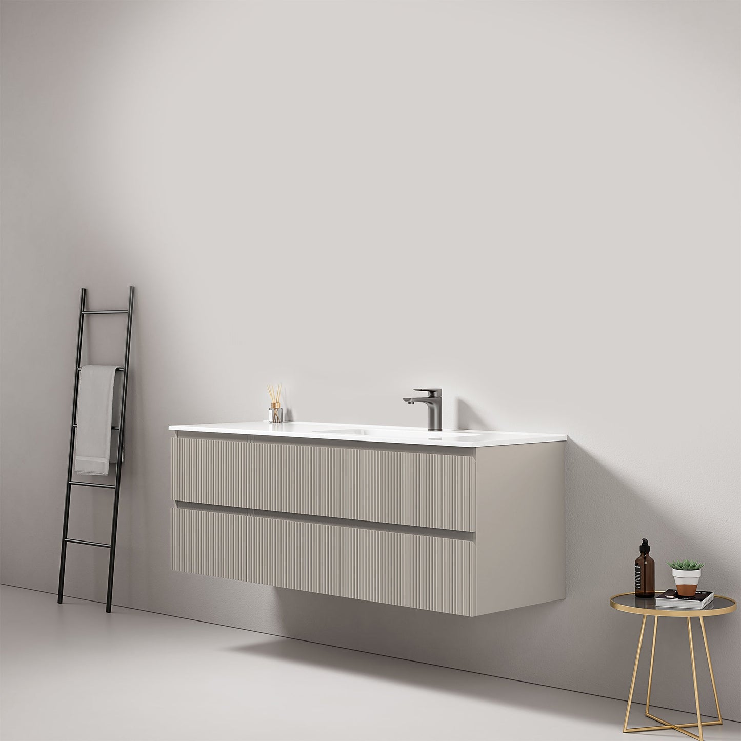 Mobile bagno sospeso cannettato 140 cm Grigio Cenere Lavabo a Destra in Resina Senza Specchio - Fiji Paint