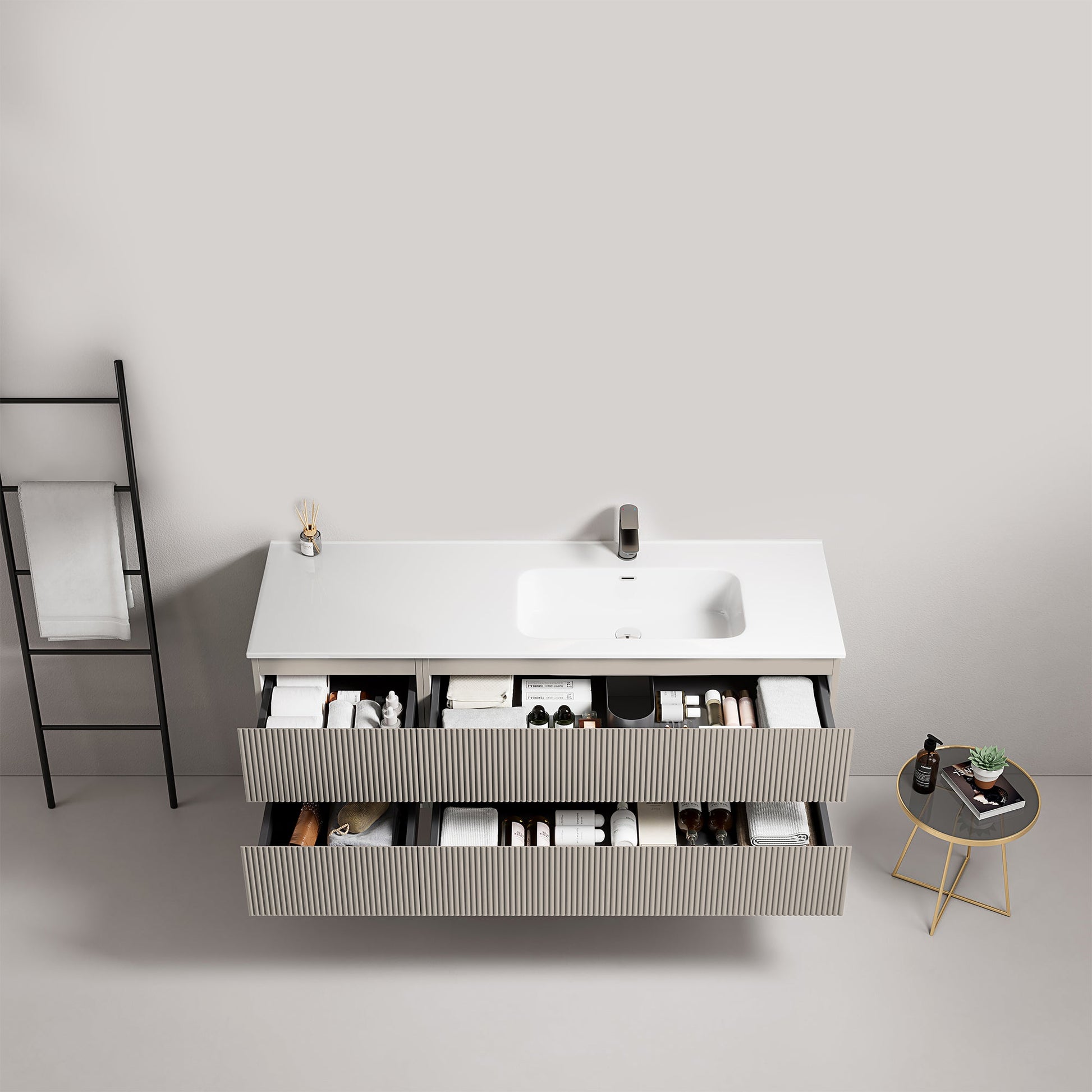 Mobile bagno sospeso cannettato 140 cm Grigio Cenere Lavabo a Destra in Resina Senza Specchio - Fiji Paint