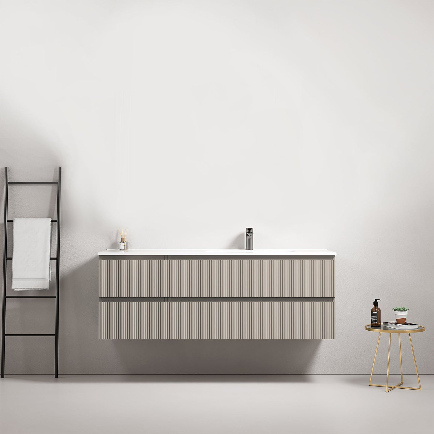 Mobile bagno sospeso cannettato 140 cm Grigio Cenere Lavabo a Destra in Resina Senza Specchio - Fiji Paint.