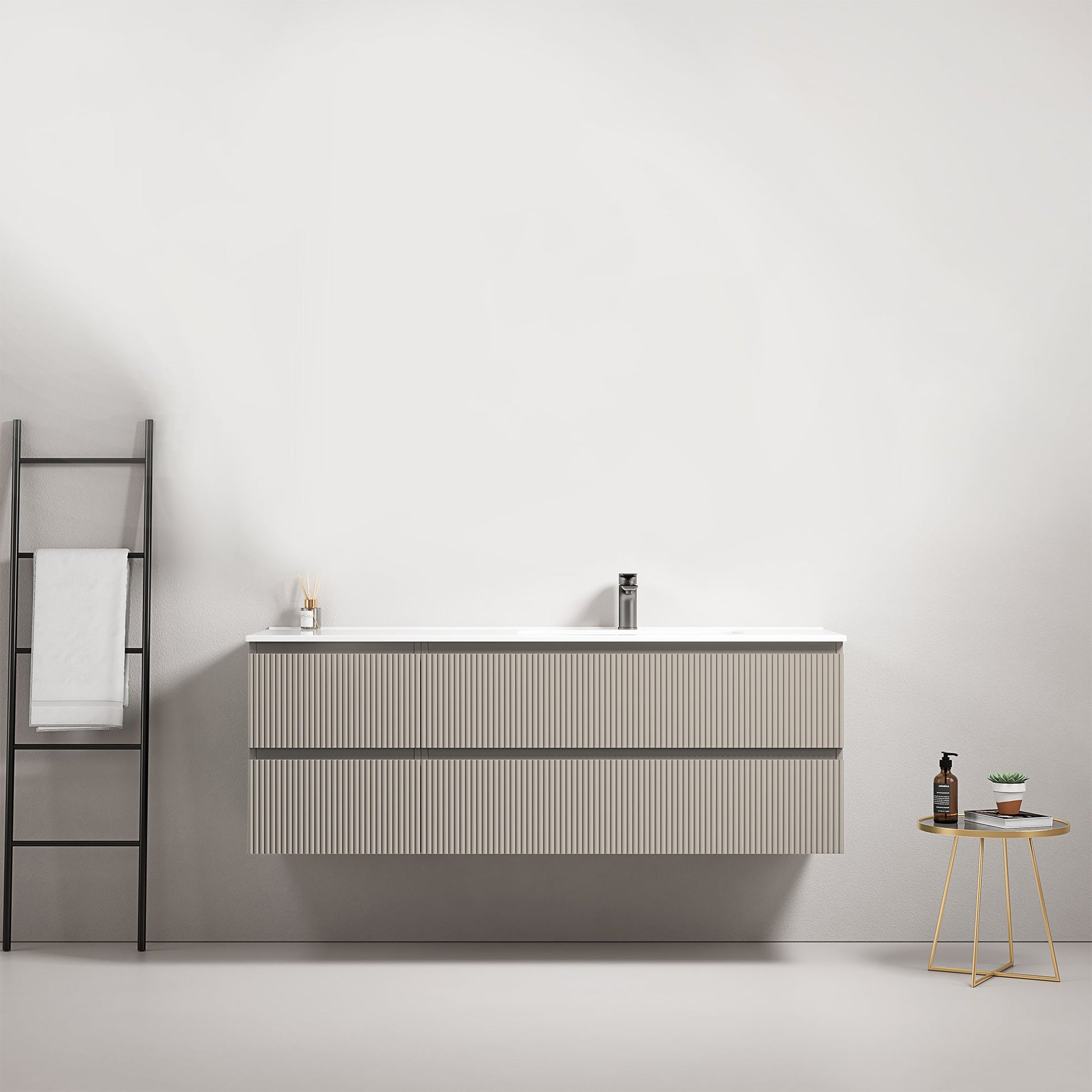 Mobile bagno sospeso cannettato 140 cm Grigio Cenere Lavabo a Destra in Resina Senza Specchio - Fiji Paint.