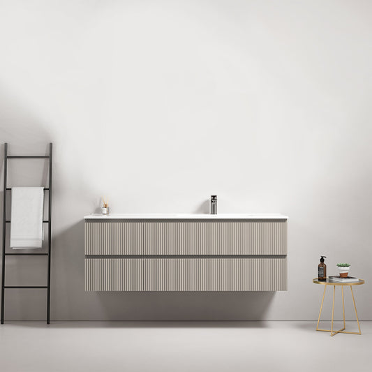 Mobile bagno sospeso cannettato 140 cm Grigio Cenere Lavabo a Destra in Resina Senza Specchio - Fiji Paint.