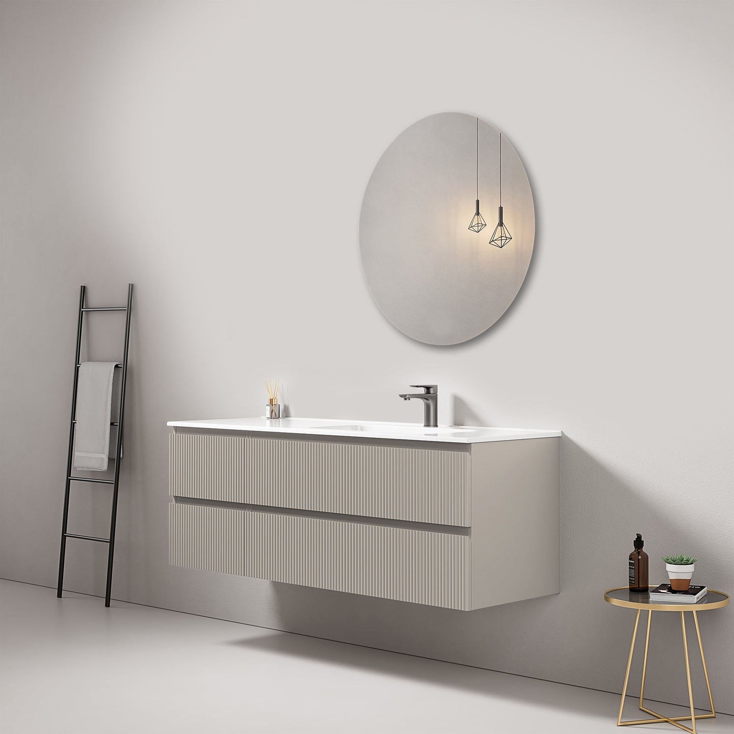 Mobile bagno sospeso cannettato 140 cm Grigio Cenere Lavabo a Destra in Resina Specchio Tondo - Fiji Paint