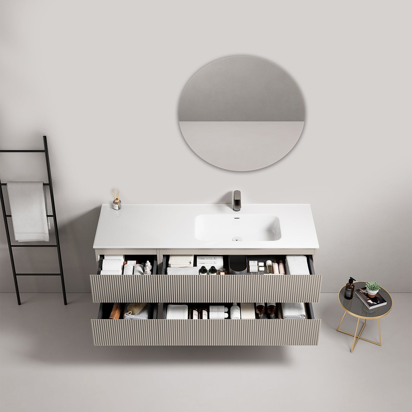Mobile bagno sospeso cannettato 140 cm Grigio Cenere Lavabo a Destra in Resina Specchio Tondo - Fiji Paint.