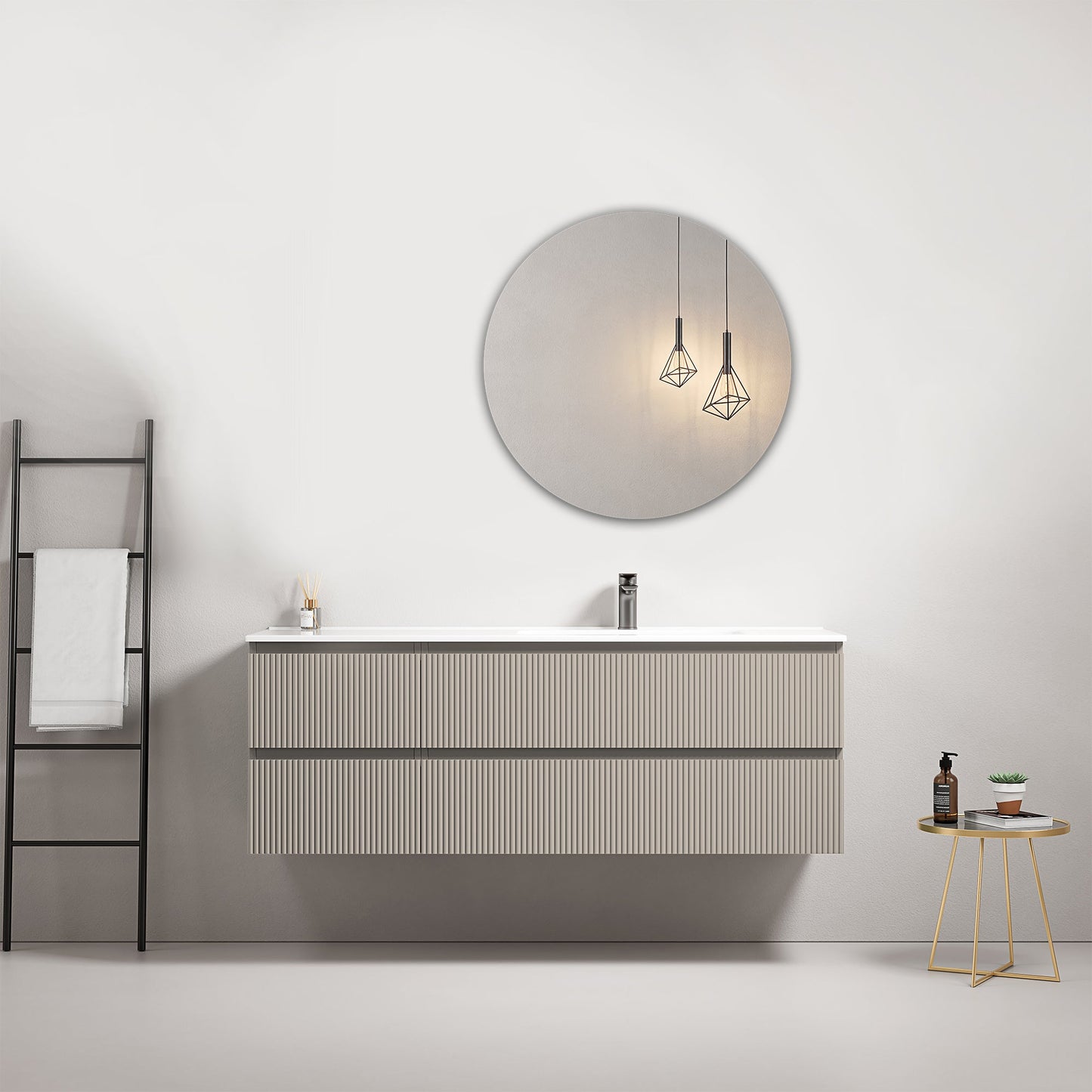 Mobile bagno sospeso cannettato 140 cm Grigio Cenere Lavabo a Destra in Resina Specchio Tondo - Fiji Paint