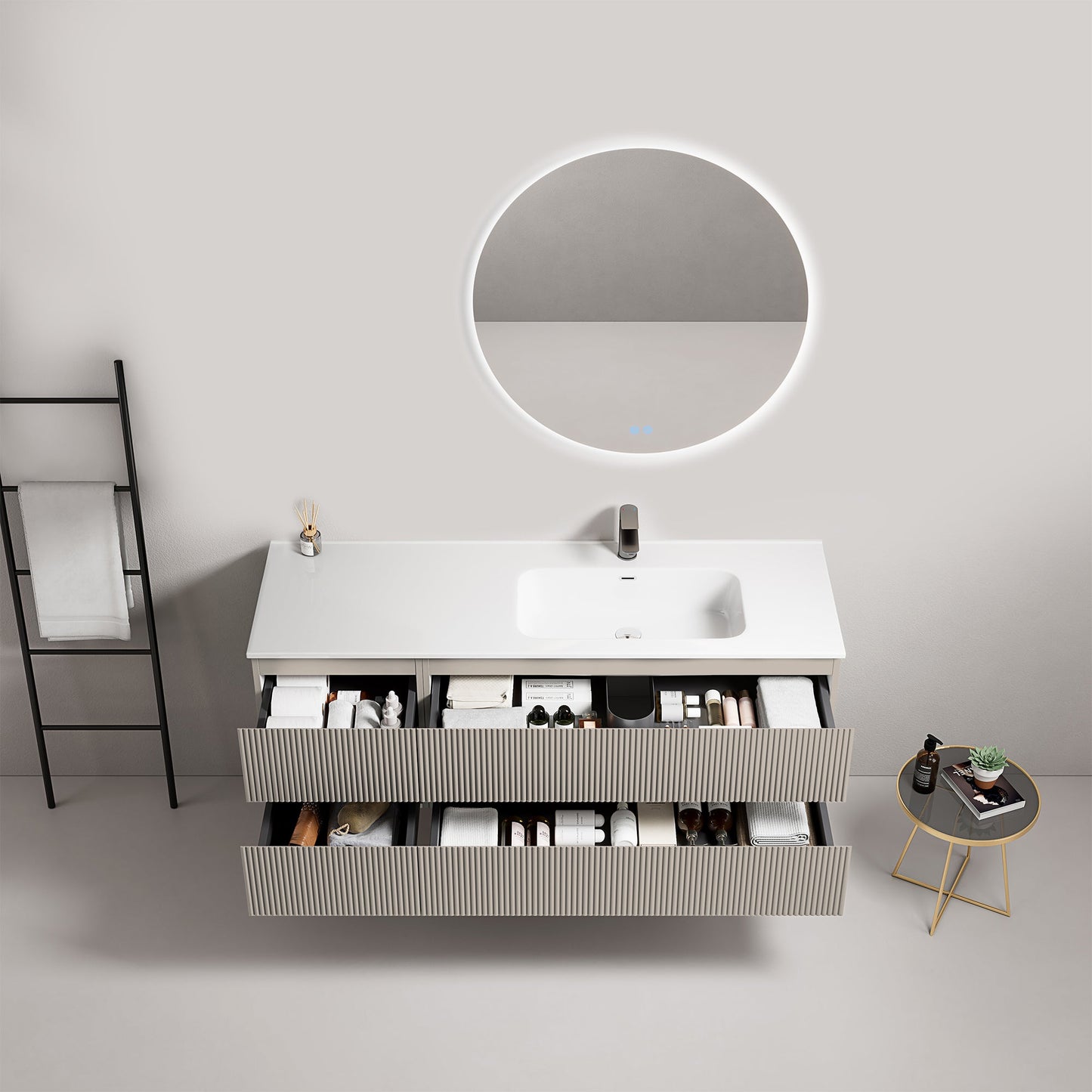 Mobile bagno sospeso cannettato 140 cm Grigio Cenere Lavabo a Destra in Resina Specchio Tondo Retroilluminato - Fiji Paint