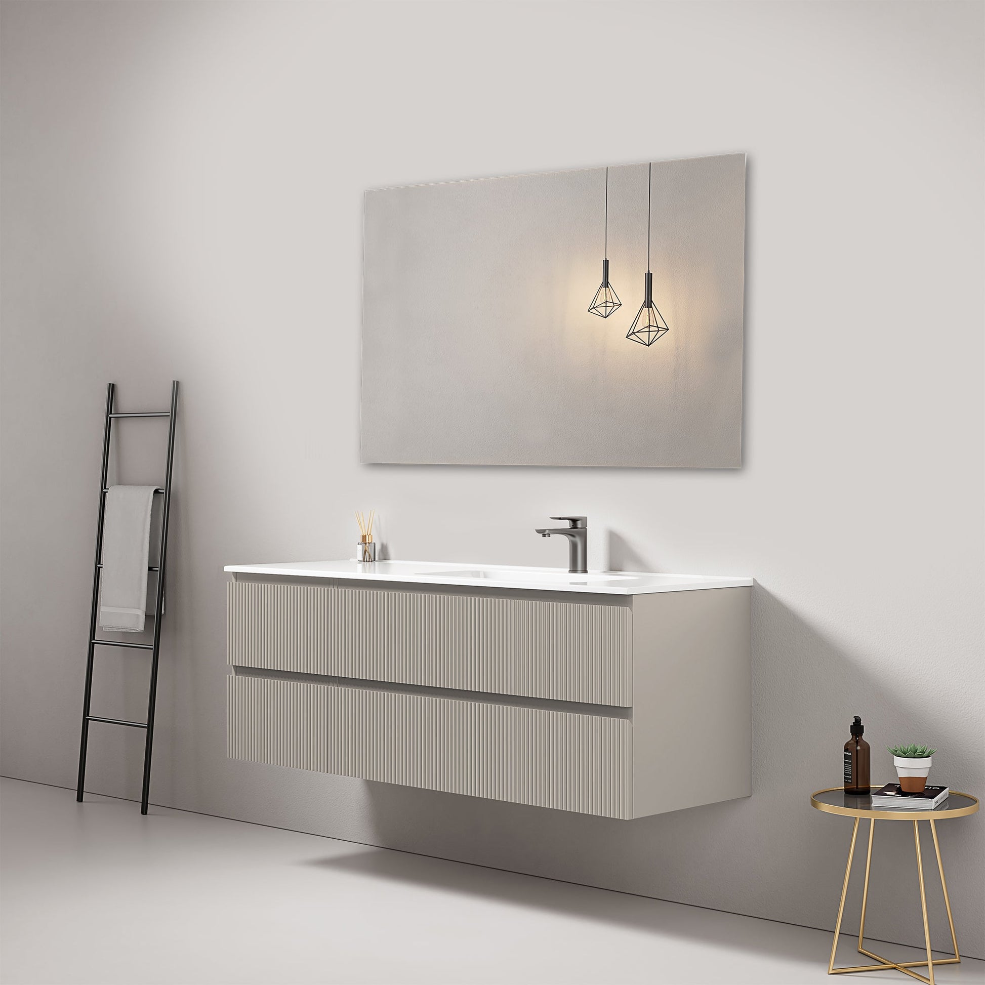 Mobile bagno sospeso cannettato 140 cm Grigio Cenere Lavabo a Destra in Resina Specchio Quadro - Fiji Paint