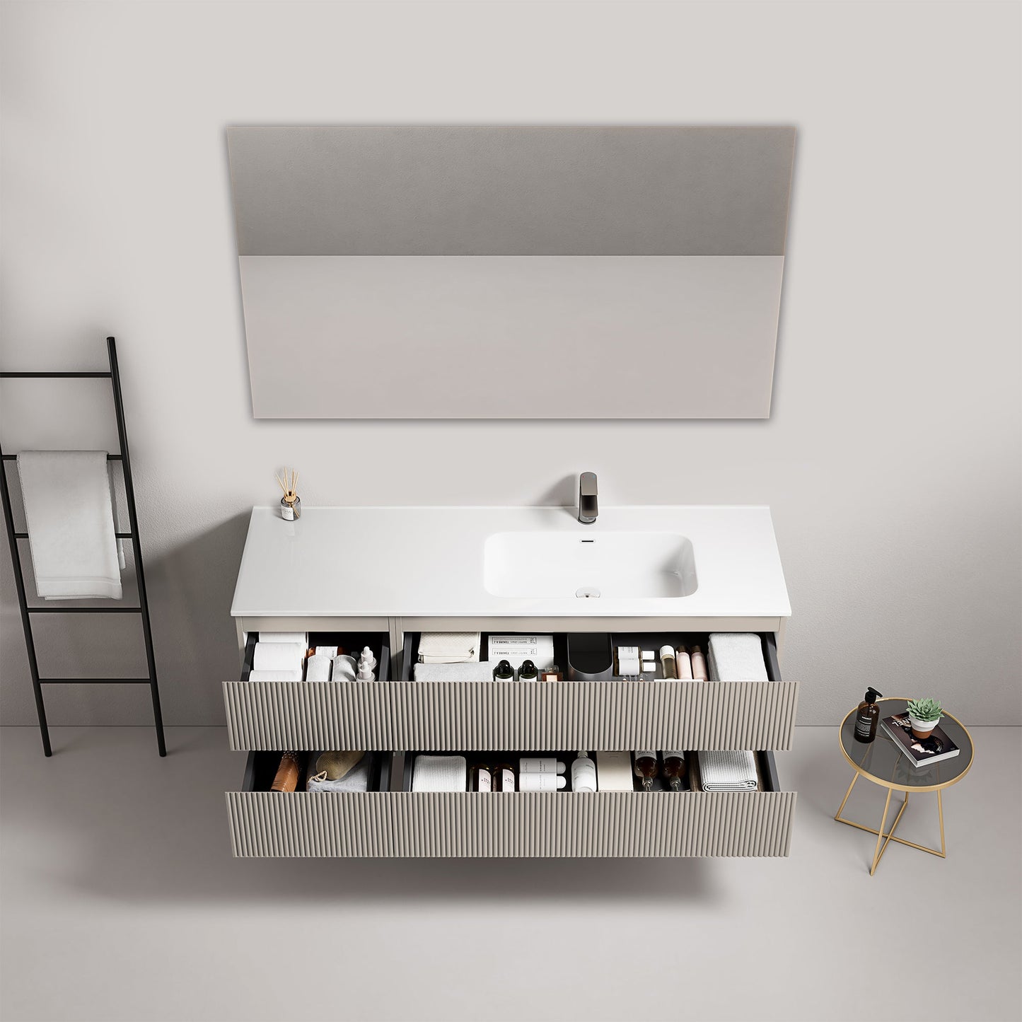 Mobile bagno sospeso cannettato 140 cm Grigio Cenere Lavabo a Destra in Resina Specchio Quadro - Fiji Paint