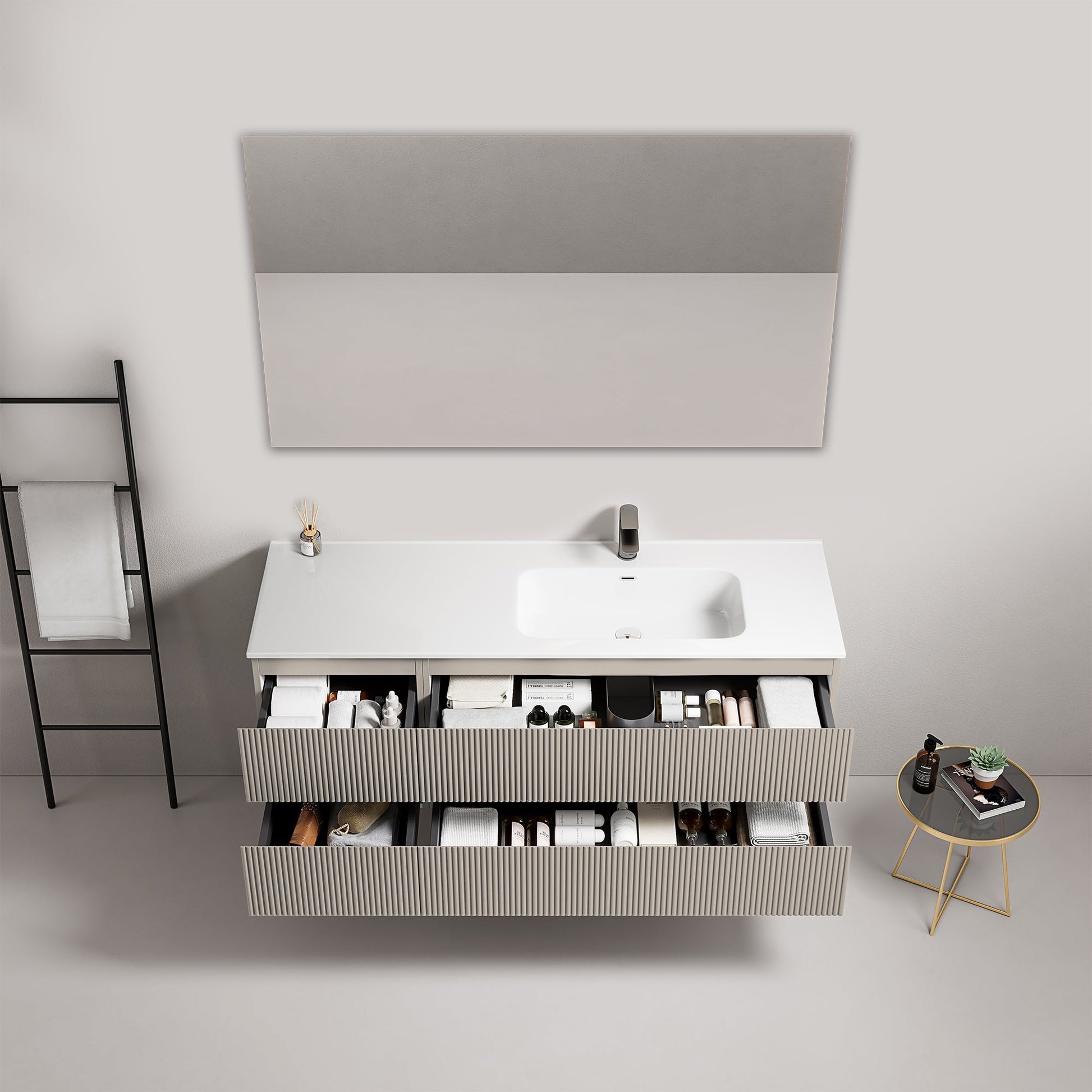Mobile bagno sospeso cannettato 140 cm Grigio Cenere Lavabo a Destra in Resina Specchio Quadro - Fiji Paint