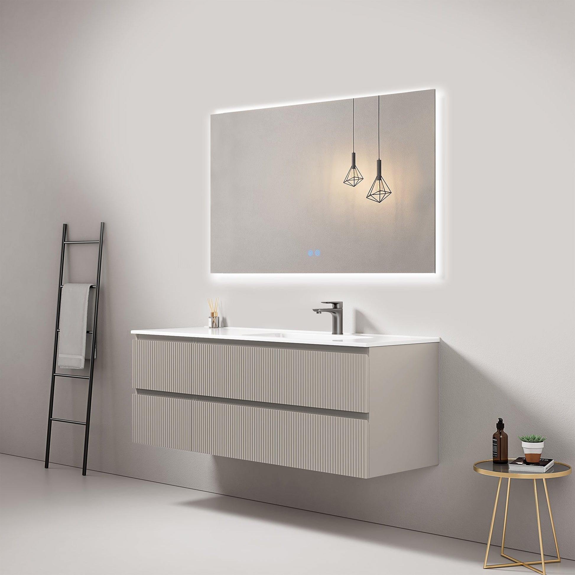 Mobile bagno sospeso cannettato 140 cm Grigio Cenere Lavabo a Destra in Resina Specchio Quadro Retroilluminato - Fiji Paint