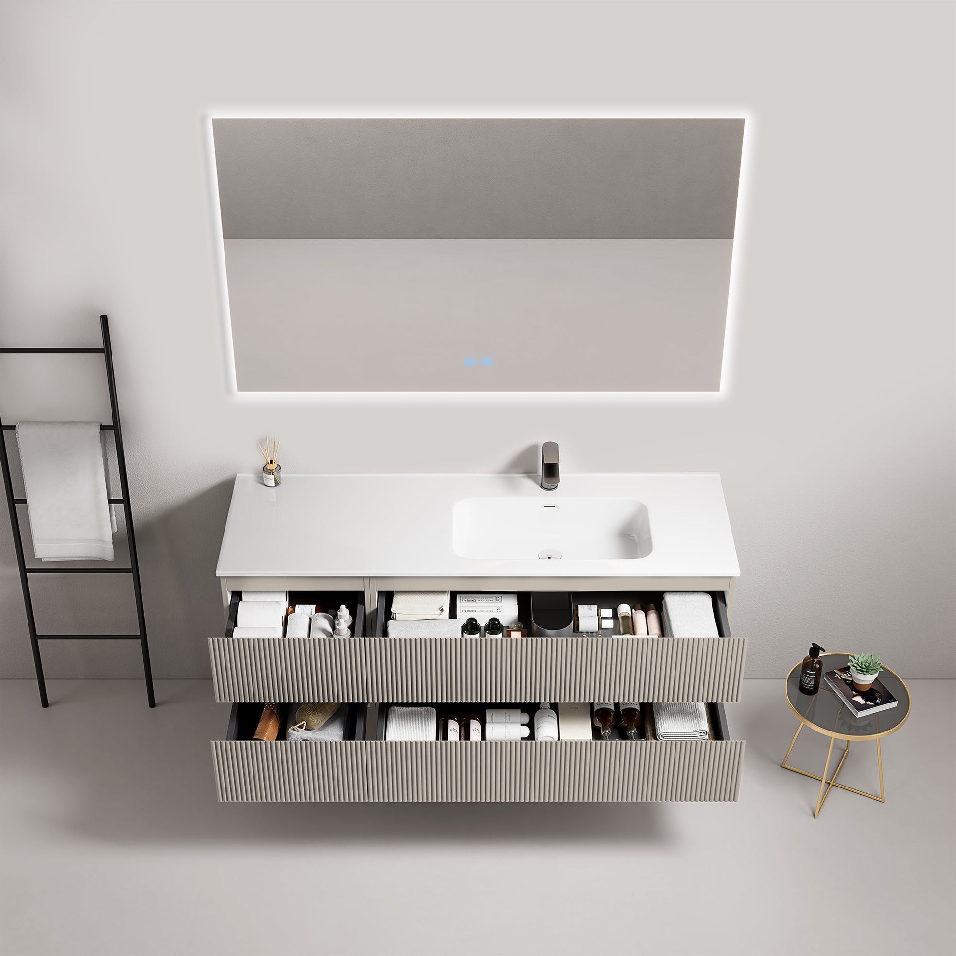 Mobile bagno sospeso cannettato 140 cm Grigio Cenere Lavabo a Destra in Resina Specchio Quadro Retroilluminato - Fiji Paint