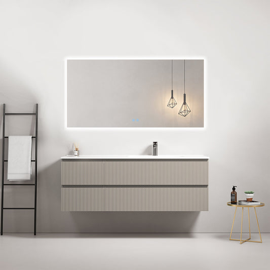 Mobile bagno sospeso cannettato 140 cm Grigio Cenere Lavabo a Destra in Resina Specchio Quadro Retroilluminato - Fiji Paint