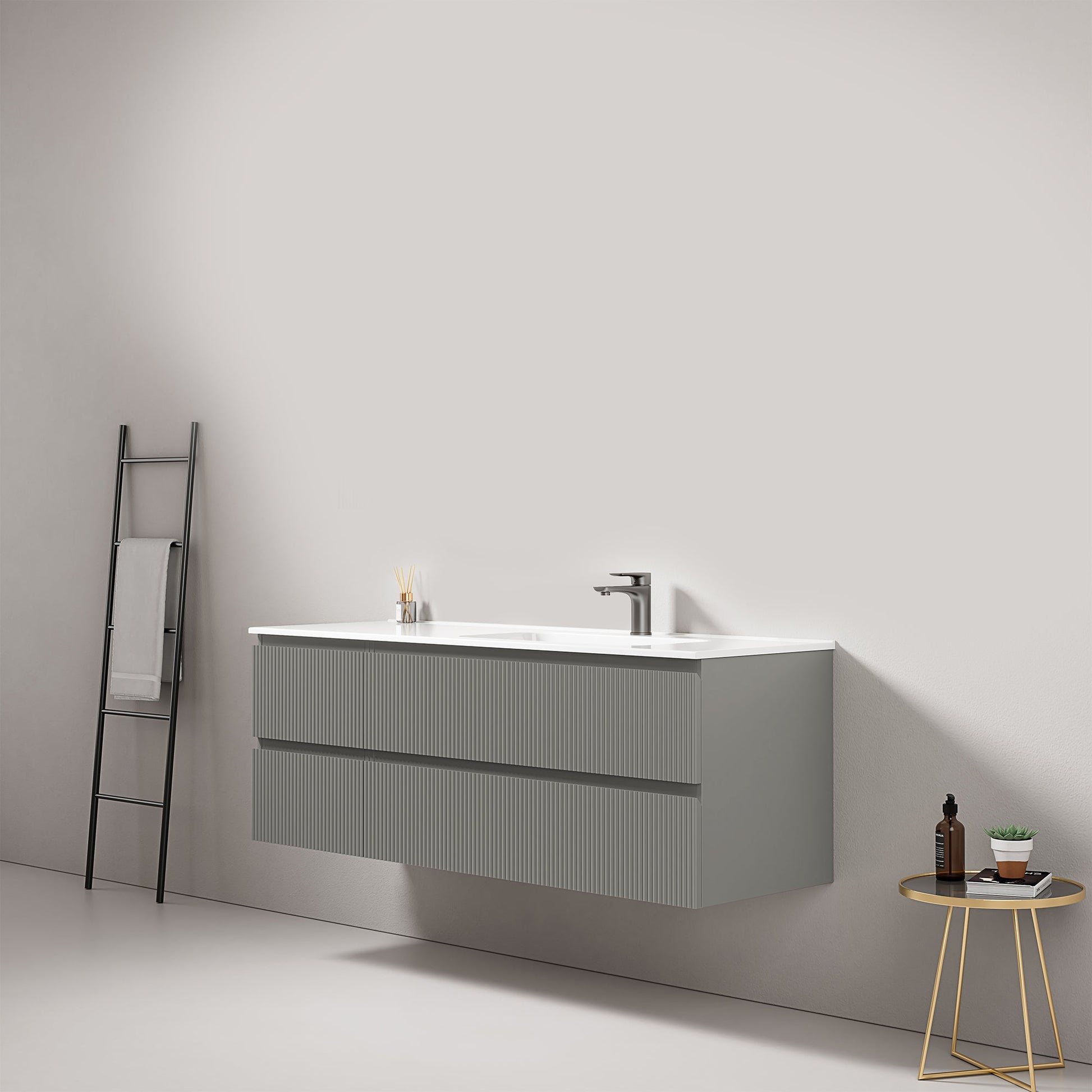 Mobile bagno sospeso cannettato 140 cm Grigio Londra Lavabo a Destra in Resina Senza Specchio - Fiji Paint