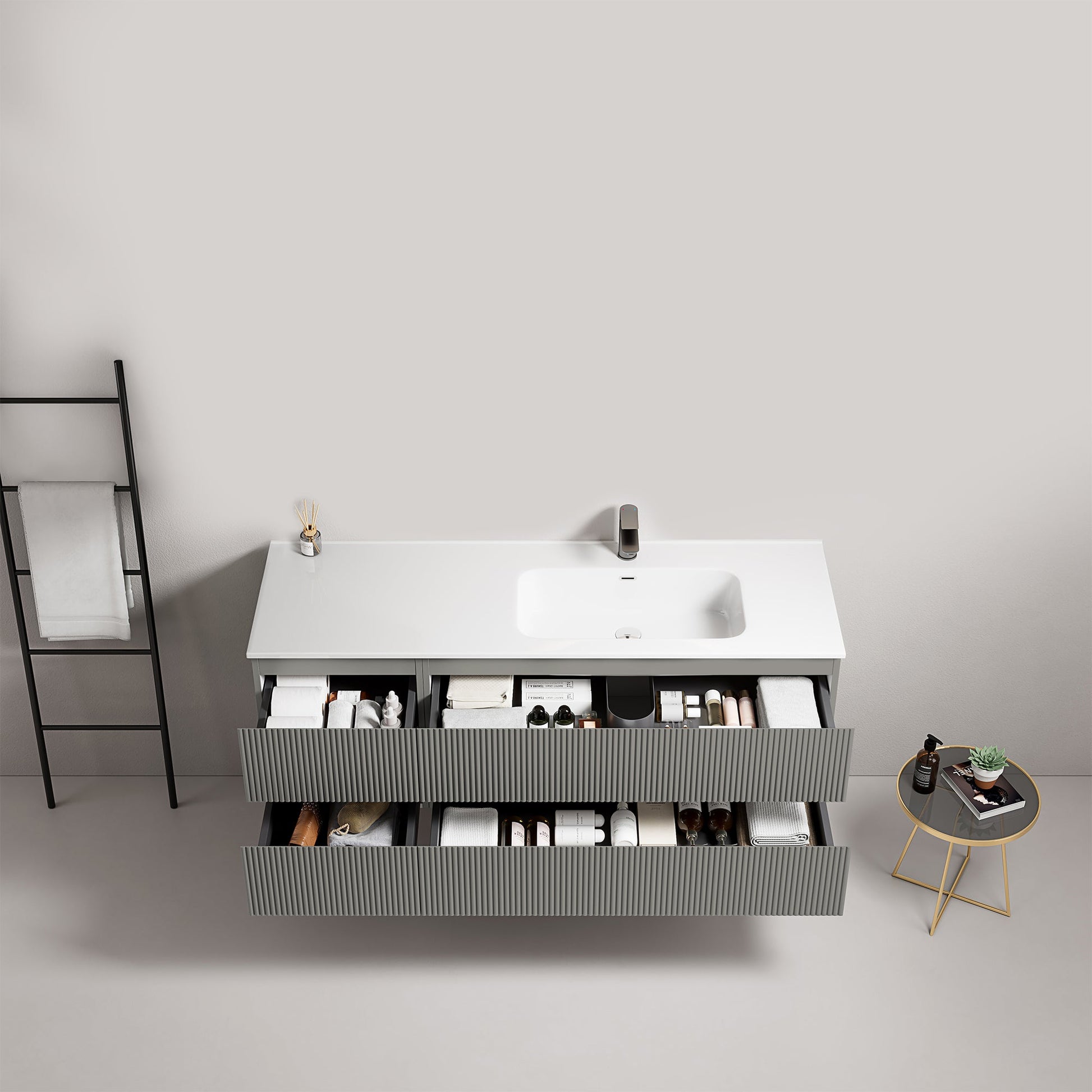 Mobile bagno sospeso cannettato 140 cm Grigio Londra Lavabo a Destra in Resina Senza Specchio - Fiji Paint