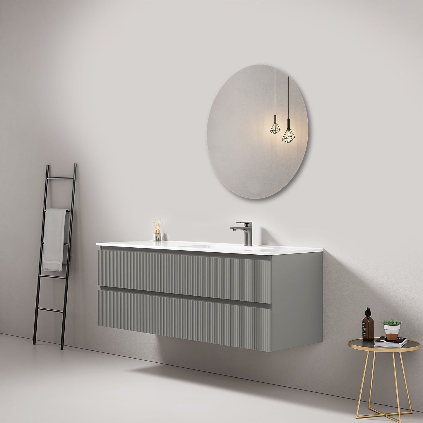Mobile bagno sospeso cannettato 140 cm Grigio Londra Lavabo a Destra in Resina Specchio Tondo - Fiji Paint