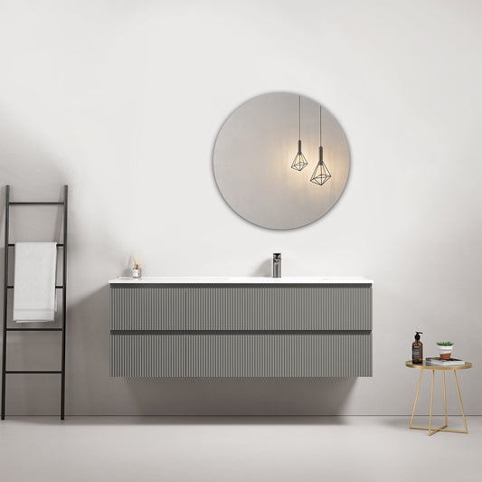 Mobile bagno sospeso cannettato 140 cm Grigio Londra Lavabo a Destra in Resina Specchio Tondo - Fiji Paint