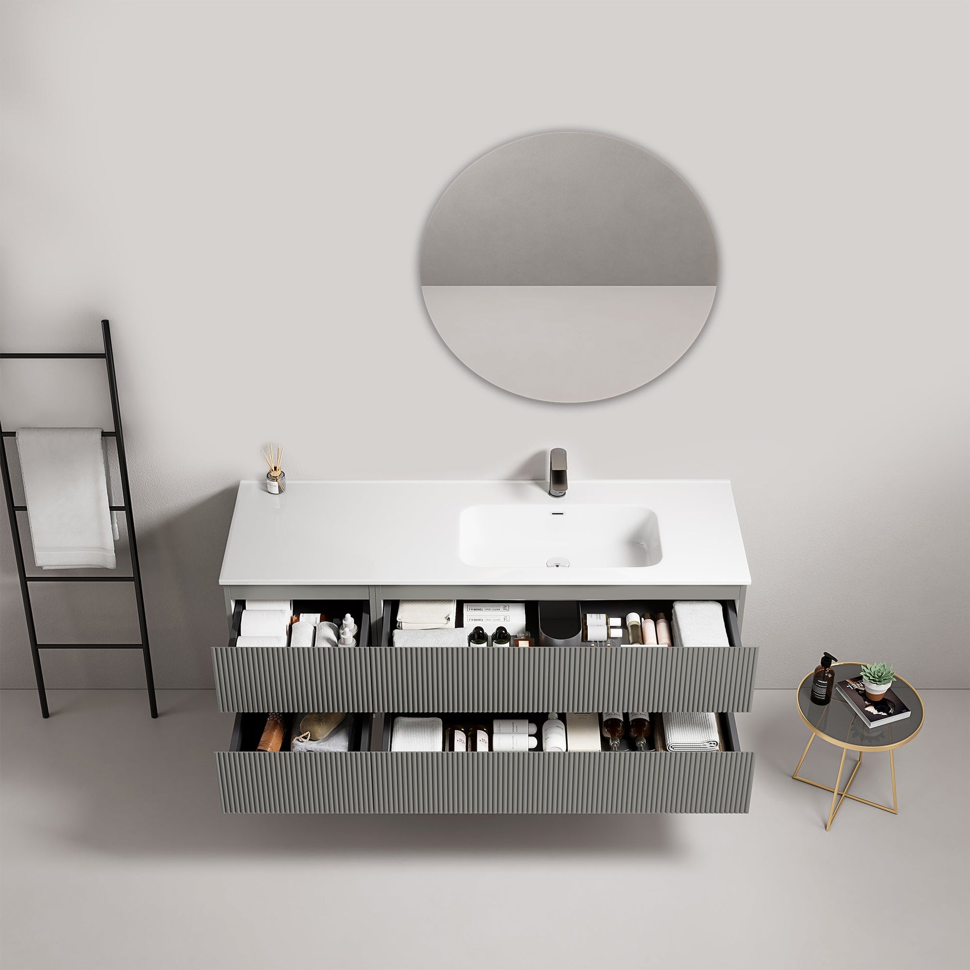 Mobile bagno sospeso cannettato 140 cm Grigio Londra Lavabo a Destra in Resina Specchio Tondo - Fiji Paint