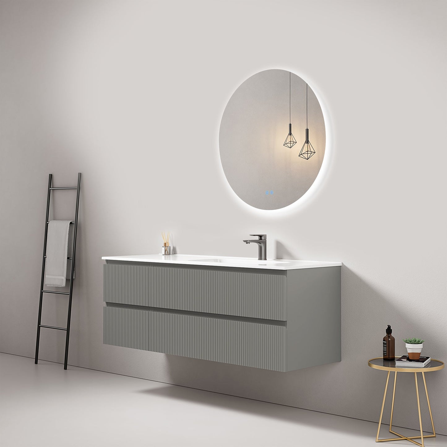 Mobile bagno sospeso cannettato 140 cm Grigio Londra Lavabo a Destra in Resina Specchio Tondo Retroilluminato - Fiji Paint