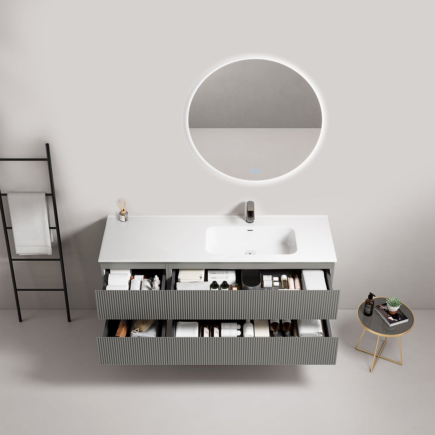 Mobile bagno sospeso cannettato 140 cm Grigio Londra Lavabo a Destra in Resina Specchio Tondo Retroilluminato - Fiji Paint