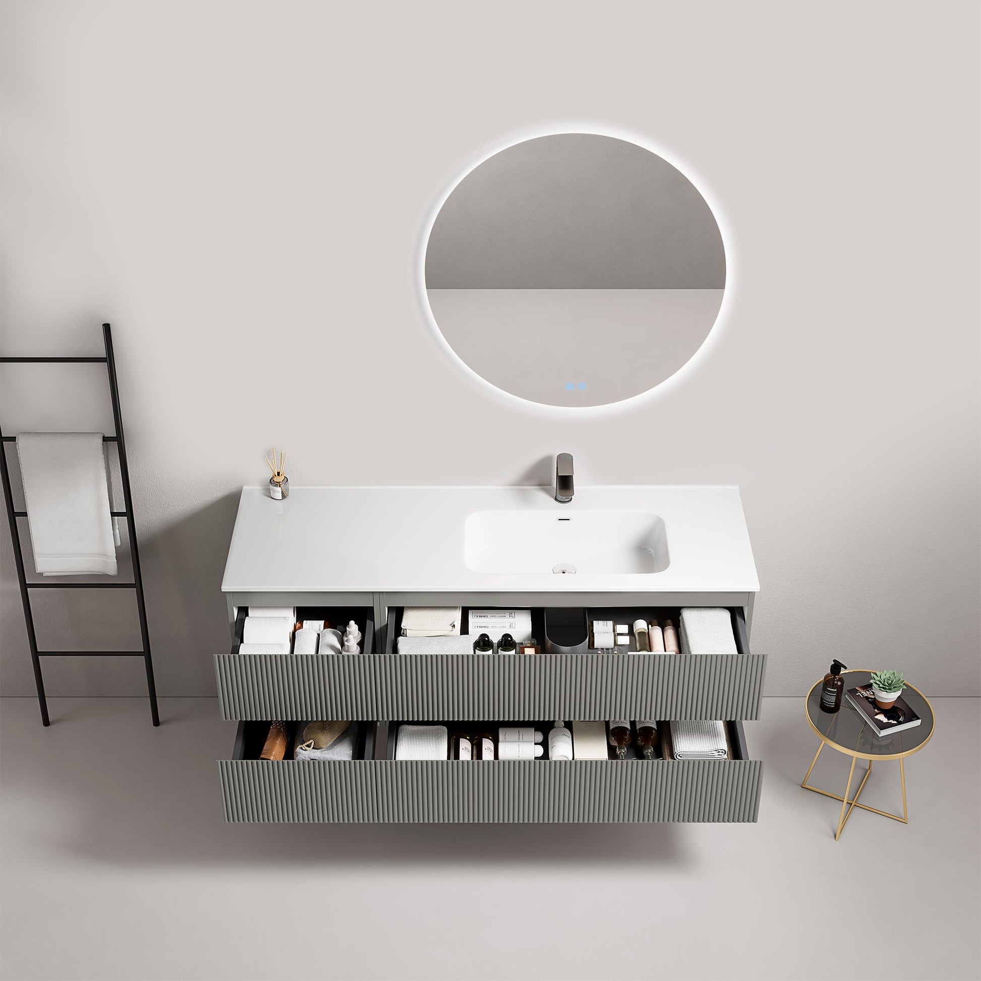 Mobile bagno sospeso cannettato 140 cm Grigio Londra Lavabo a Destra in Resina Specchio Tondo Retroilluminato - Fiji Paint