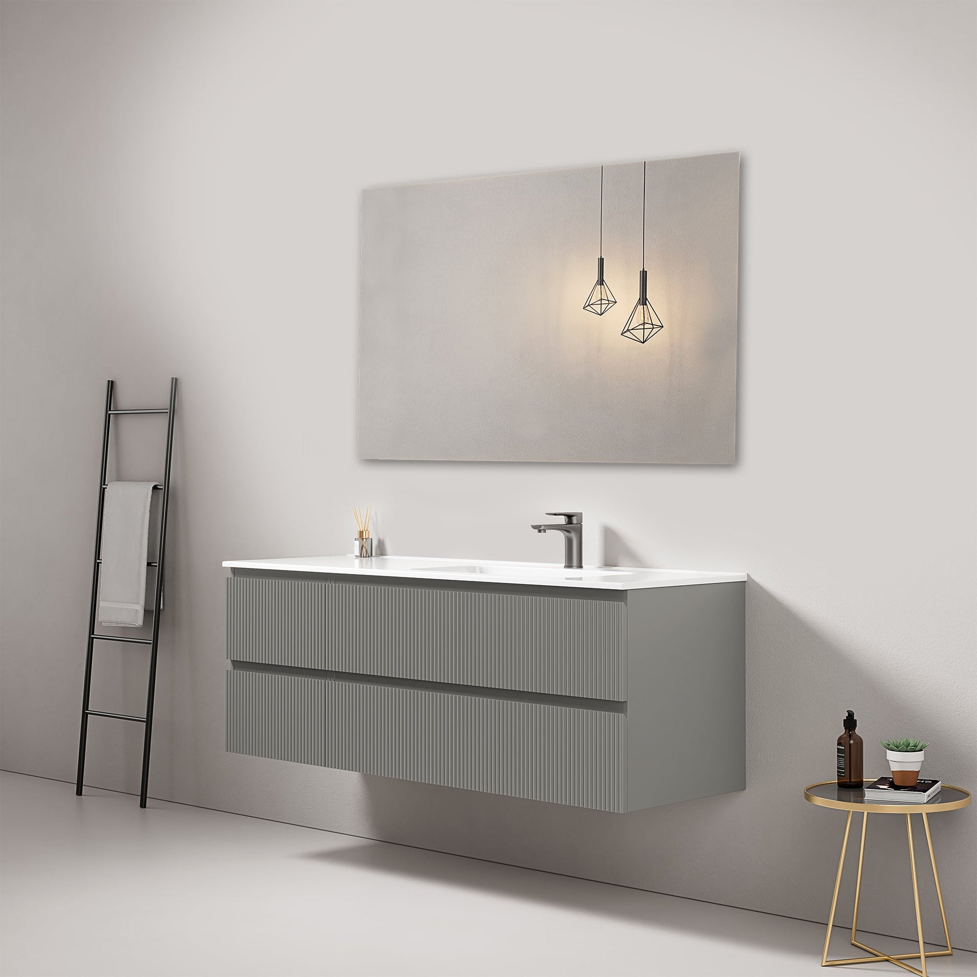Mobile bagno sospeso cannettato 140 cm Grigio Londra Lavabo a Destra in Resina Specchio Quadro - Fiji Paint