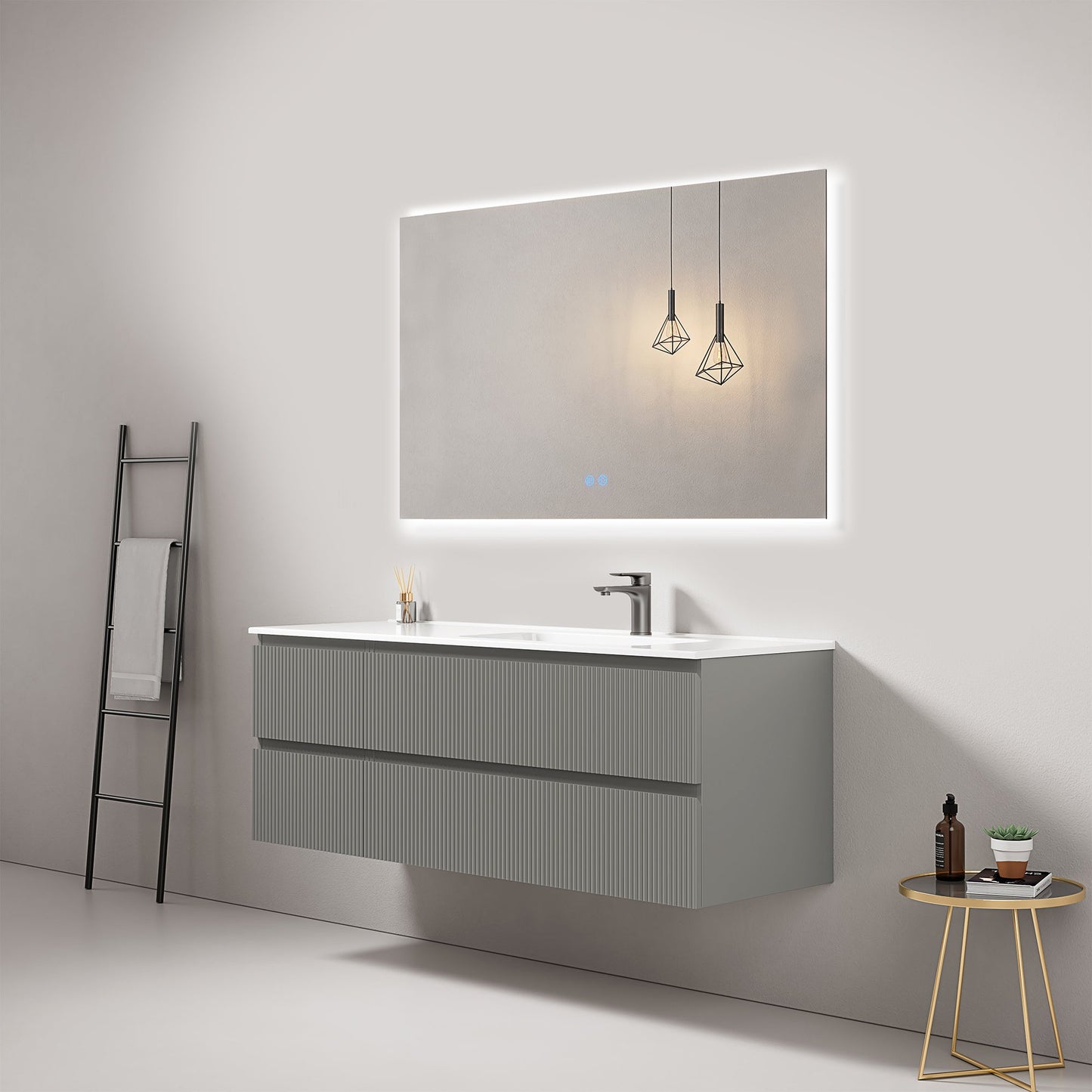 Mobile bagno sospeso cannettato 140 cm Grigio Londra Lavabo a Destra in Resina Specchio Quadro Retroilluminato - Fiji Paint.