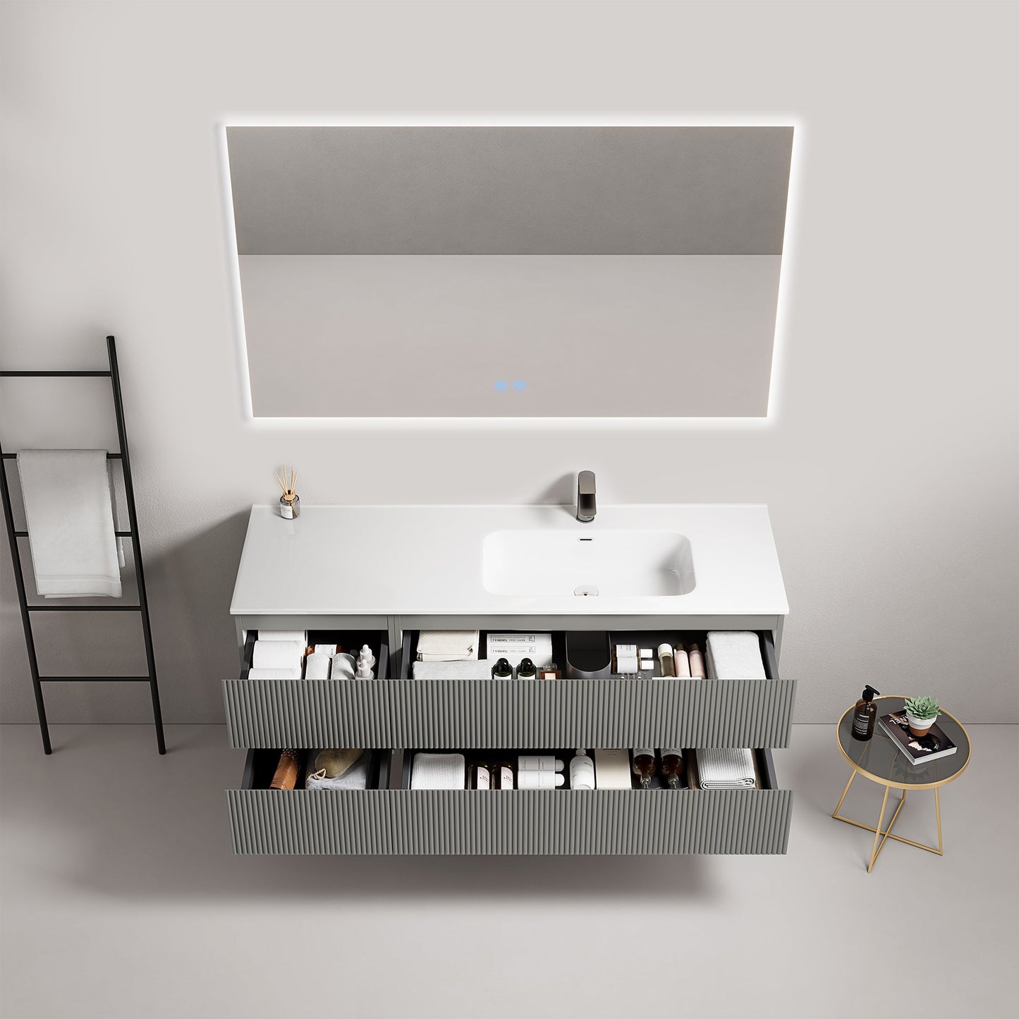 Mobile bagno sospeso cannettato 140 cm Grigio Londra Lavabo a Destra in Resina Specchio Quadro Retroilluminato - Fiji Paint